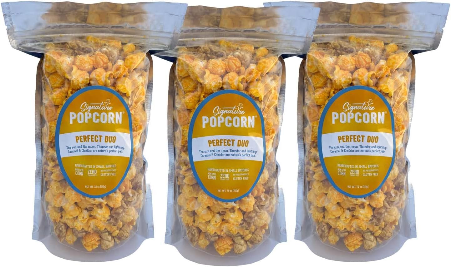 Perfect Duo Caramel & Cheddar Popcorn Mix – Gourmet 3-Pack Resealable Bags – Real Butter, Vanilla Extract – No Preservatives, Gluten-Free Snack