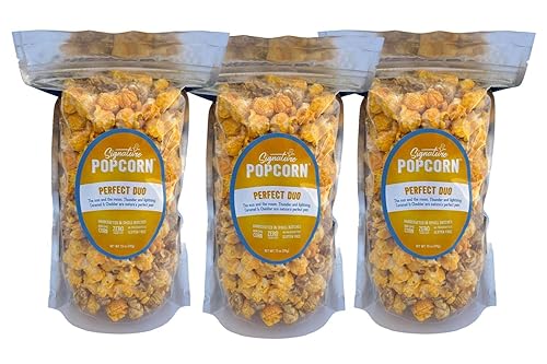 Signature Popcorn Perfect Duo - Mezcla de palomitas de maíz con caramelo y cheddar - Paquete de 3 bolsas resellables gourmet - Mantequilla real,
