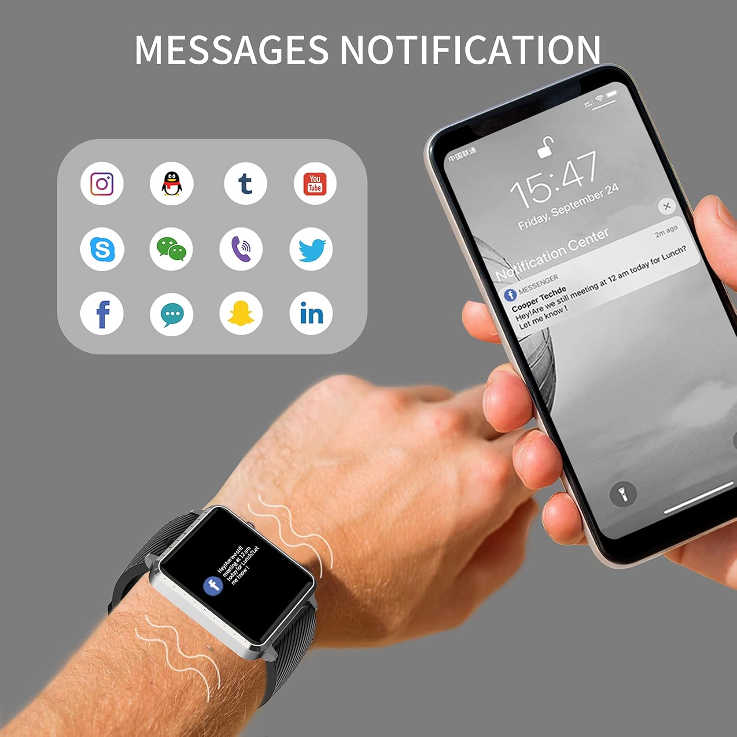 MAXTOP Smart Watch T5 displaying message notifications from various social media and communication apps