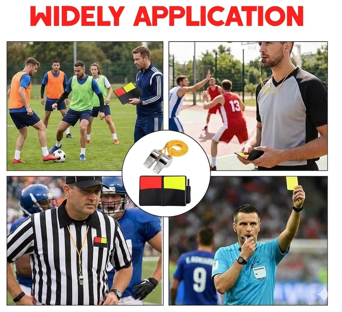Kit de Árbitro de Fútbol con 4Tarjetas Roja y Amarilla, 2 Silbatos de Metal, 2 Lápiz y Cuaderno, Accesorios de Arbitraje Deportivo Profesional