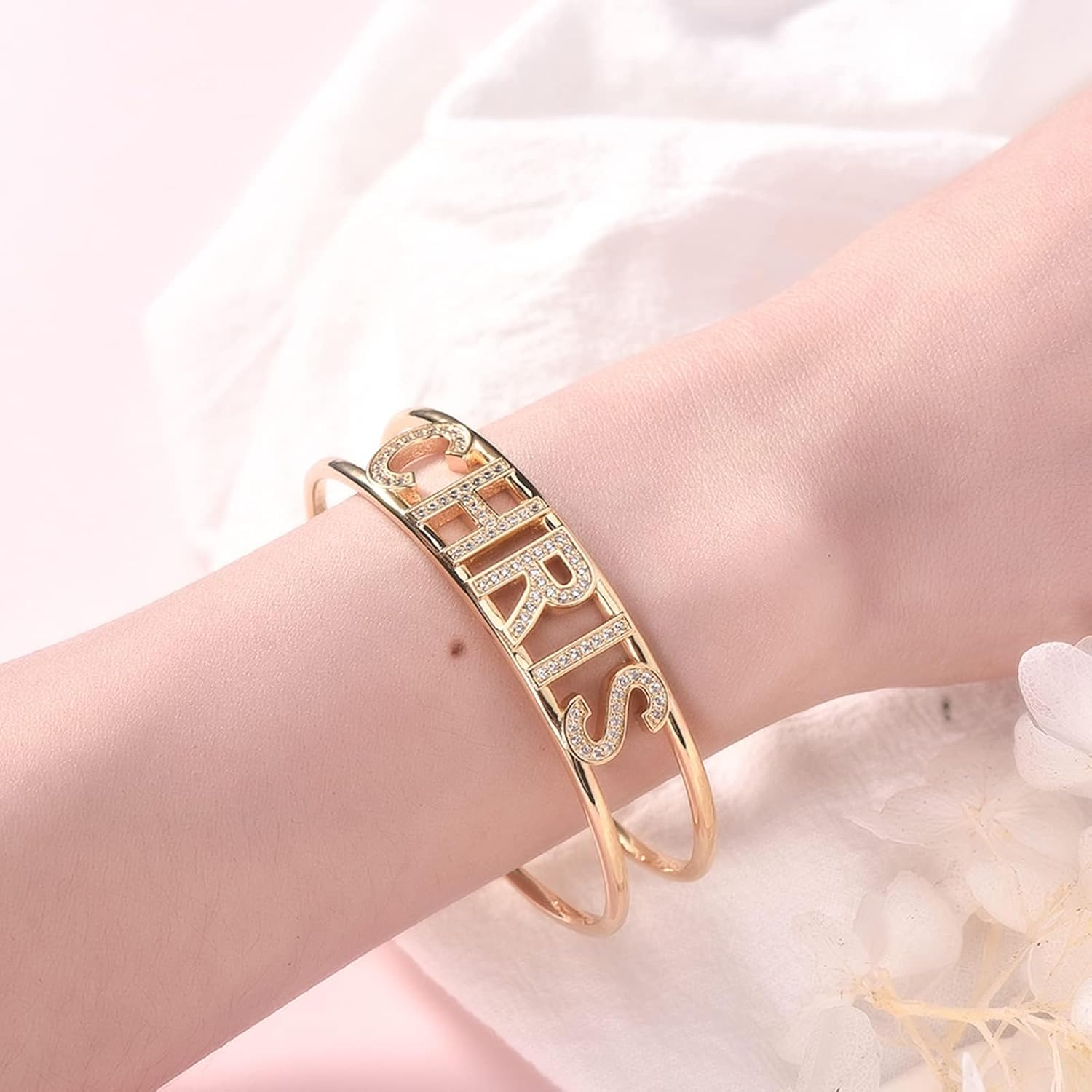BlingSparkle Name Bracelet Personalized for Women Charm Bracelet 18K Gold Plated Cuff Bracelets with Heart Custom Nameplate with Any Words Jewelry Gift for Teen Girls