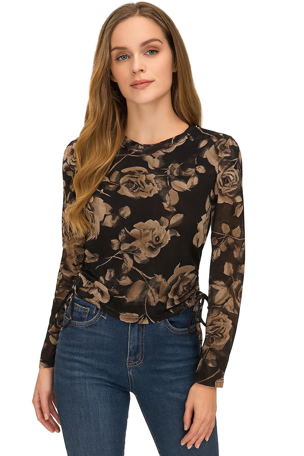 icw Women Long Sleeves Crew Neck Side Drawstring Transparent Sheer Mesh Crop Top T-Shirt DN41-picture-15