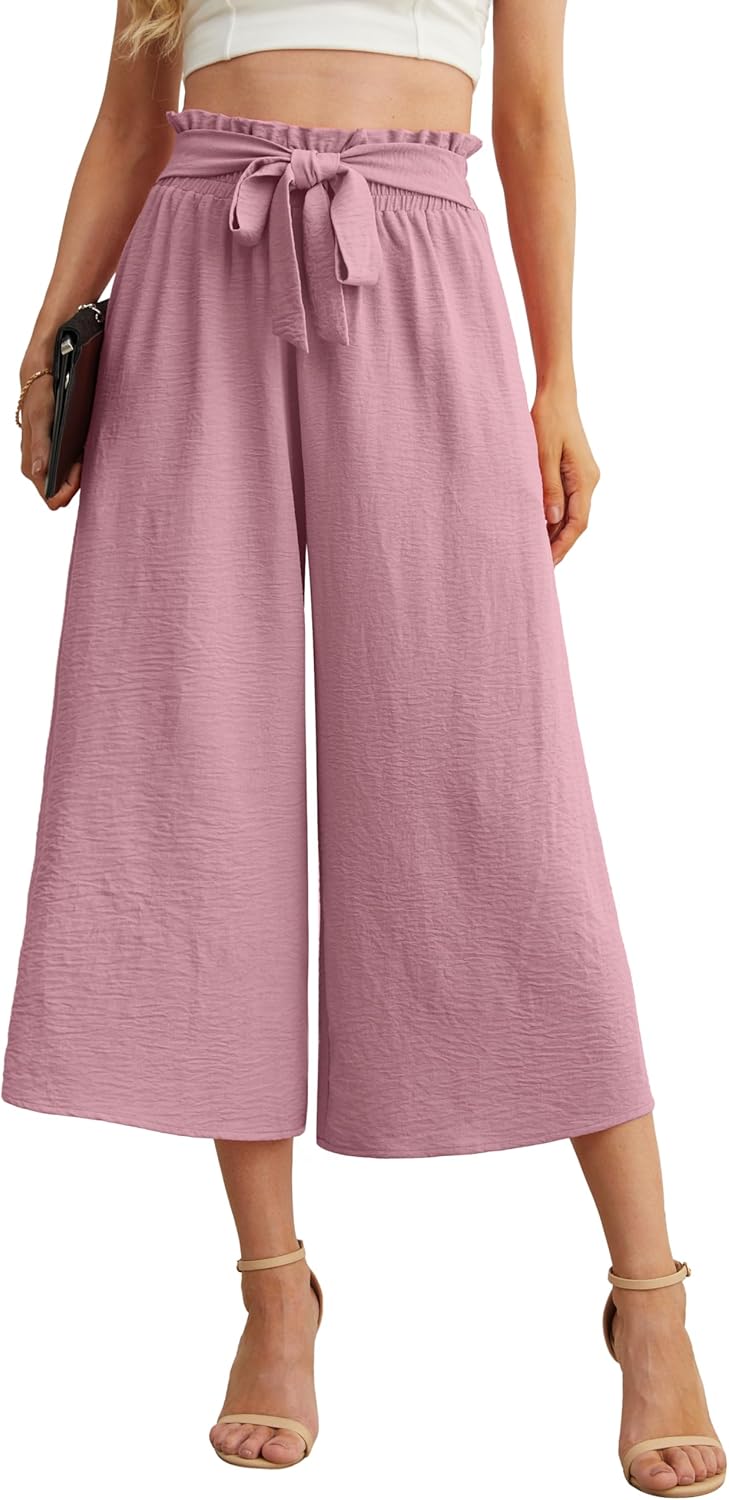 IWOLLENCE Women Flowy Loose Wide Leg Pant Summer Beach Casual Trousers high Waist Adjustable Knot Business Work Casual Pants