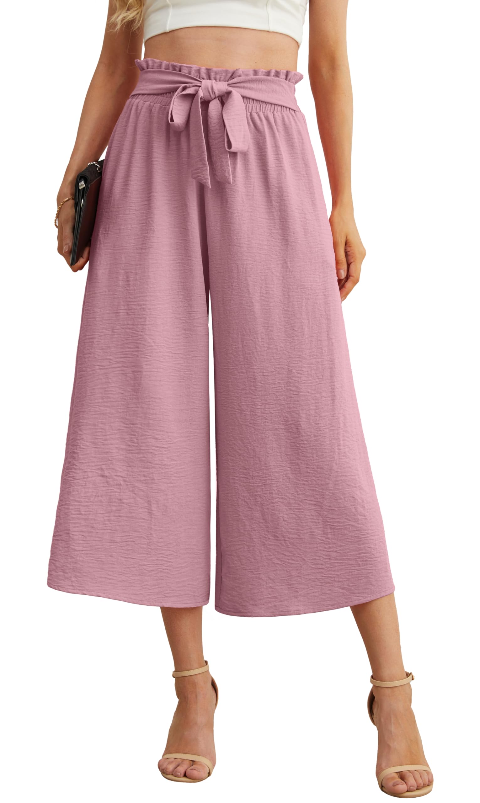 IWOLLENCE Women Flowy Loose Wide Leg Pant Summer Beach Casual Trousers high Waist Adjustable Knot Business Work Casual Pants