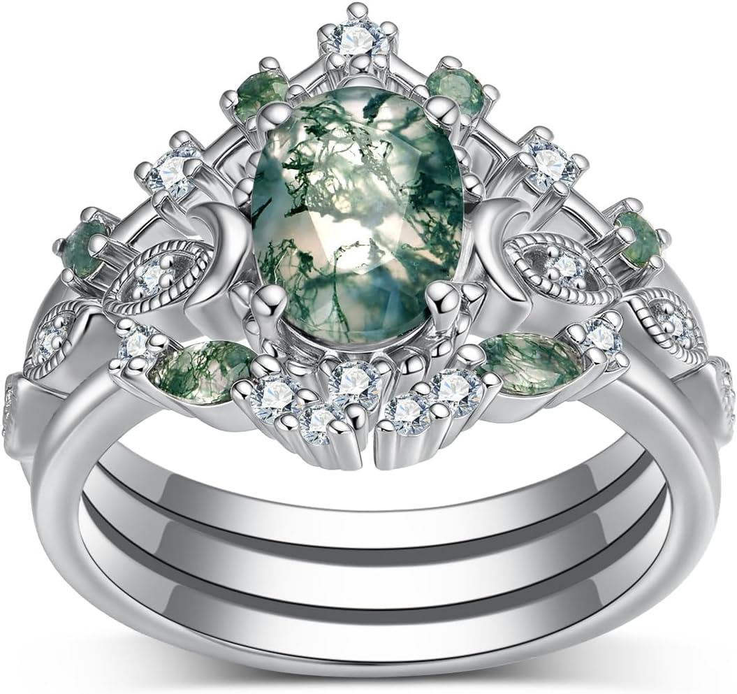 3PCS Natural Moss Agate Wedding Ring Set Bridal Sets for Women,Platinum Plated Silver Green Moss Agate Moissanite Engagement Ring Sets with Moons Jewelry Gift for Anniversary Wedding Birthday