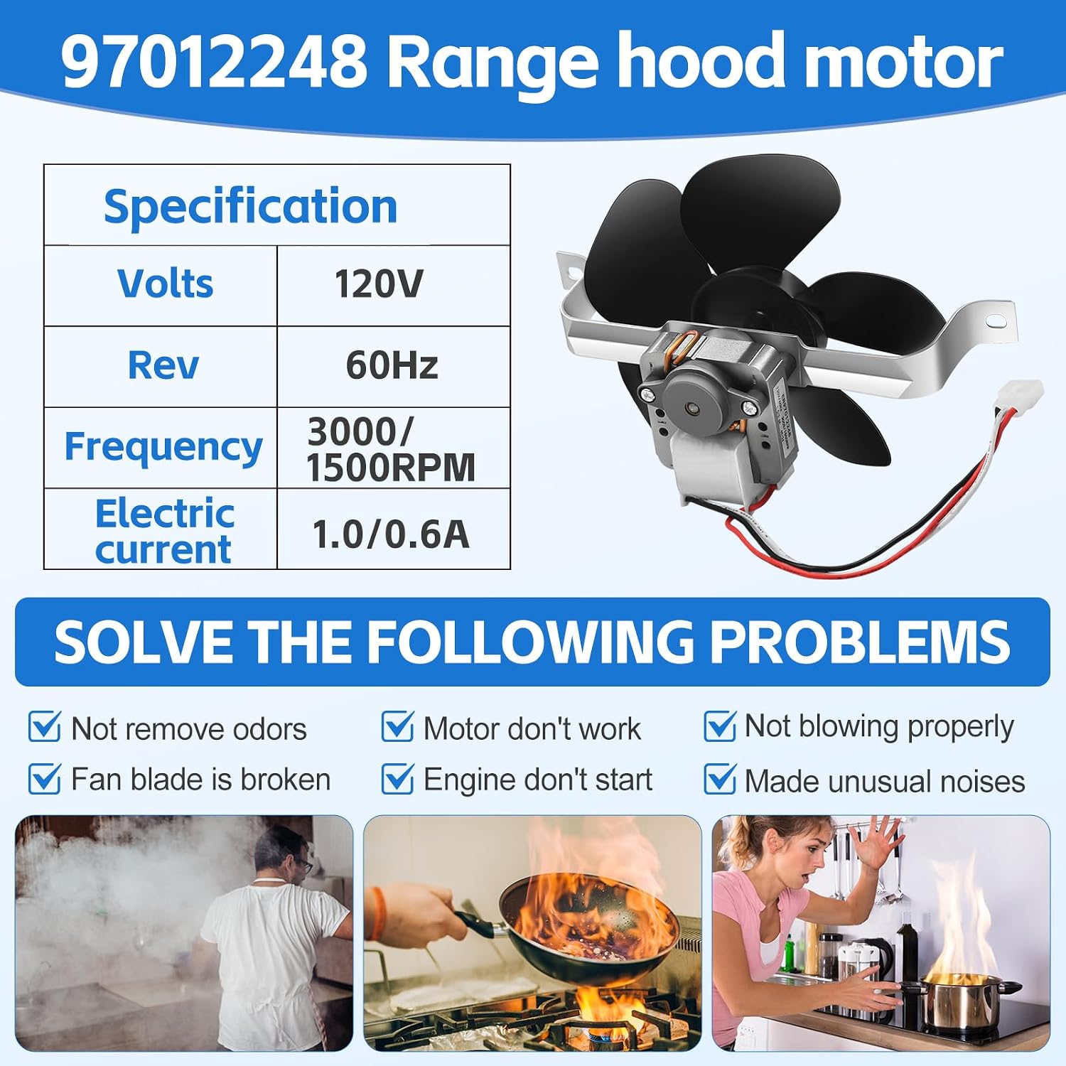 97012248 Motor Range Hood Fan Motor Compatible with Broan and Nutone Kitchen Exhaust Fan Replacement Replace 40000 and 42000 Series AP4527731, ER97012248, 99080363