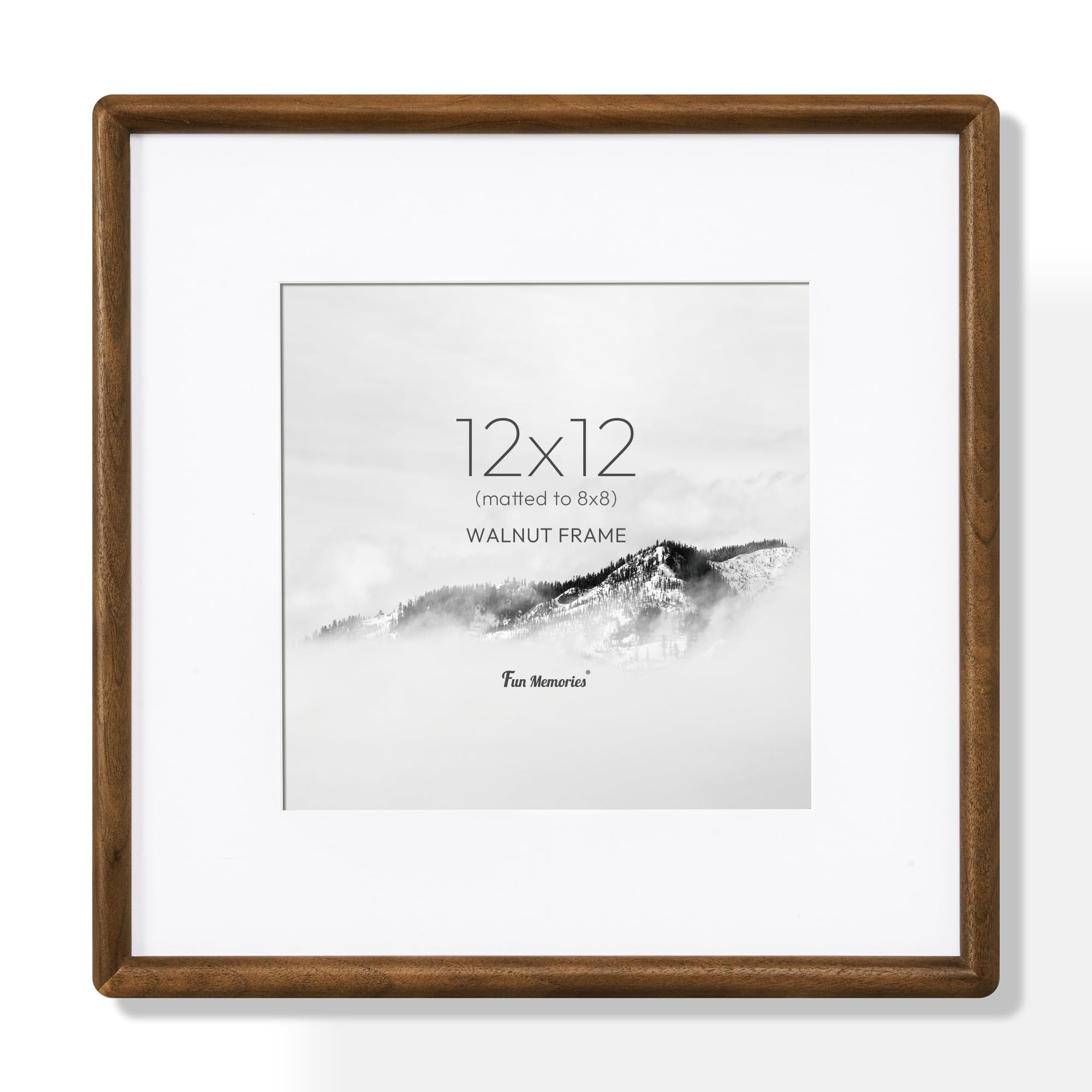 Fun Memories 12x12 Picture Frame with HD Tempered Glass, USA-Sourced Walnut Wood Photo Frame Matted to 8x8, Rounded Corner 12 x 12 Square Wooden Frames, Gallery Wall Frames for Posters & Art Prints