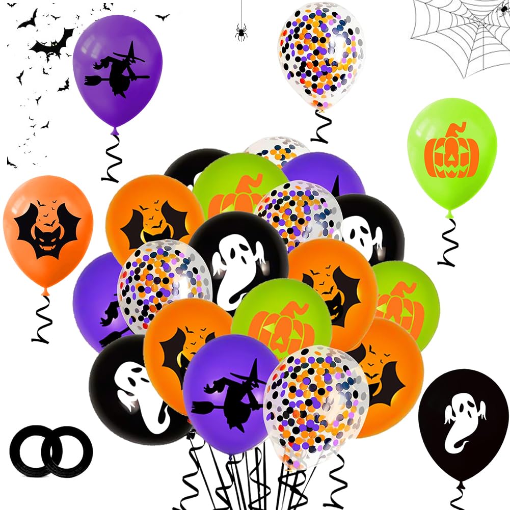 50 PCS Halloween Balloons, 12 Inch Black Orange Purple Transparent Sequins Balloons, Fun Pumpkins, Bats, Ghosts, Witches, for Halloween Family Ghost Party Decoration Supplies