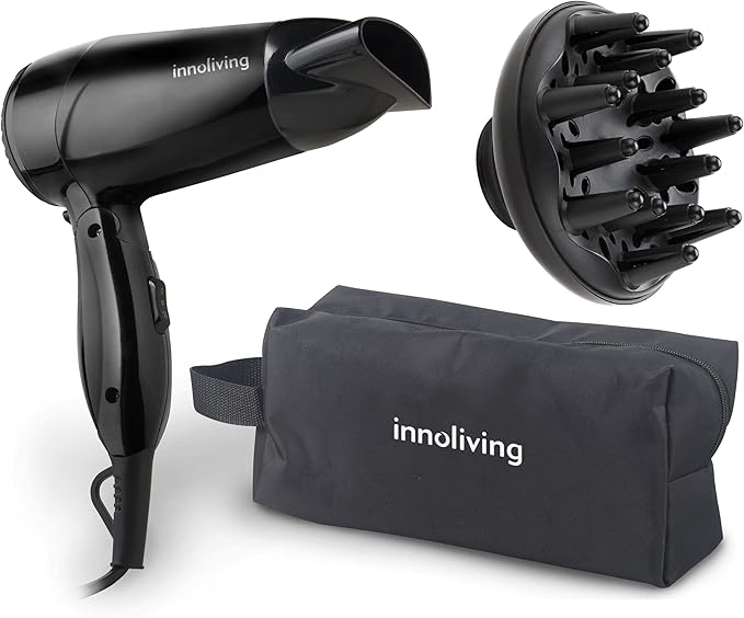 Innoliving Asciugacapelli Phon INN-618,Asciugacapelli Fon Pieghevole Compatto Professionale 1600W, Tasto Aria Fredda e 2 Velocità,con Diffusore e Custodia Inclusi, Manico Pieghevole, Nero, 1.0 unità