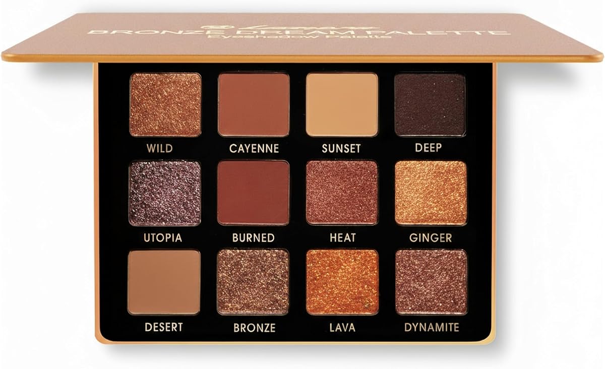 Paleta de sombras de ojos Bronze - 12 tonos marrones cálidos y suaves, brillantes y mate | Paleta de maquillaje de ojos multiusos para uso diario, sombras metálicas neutras naturales, ultramezclable, de larga duración, tamaño de viaje, espejo