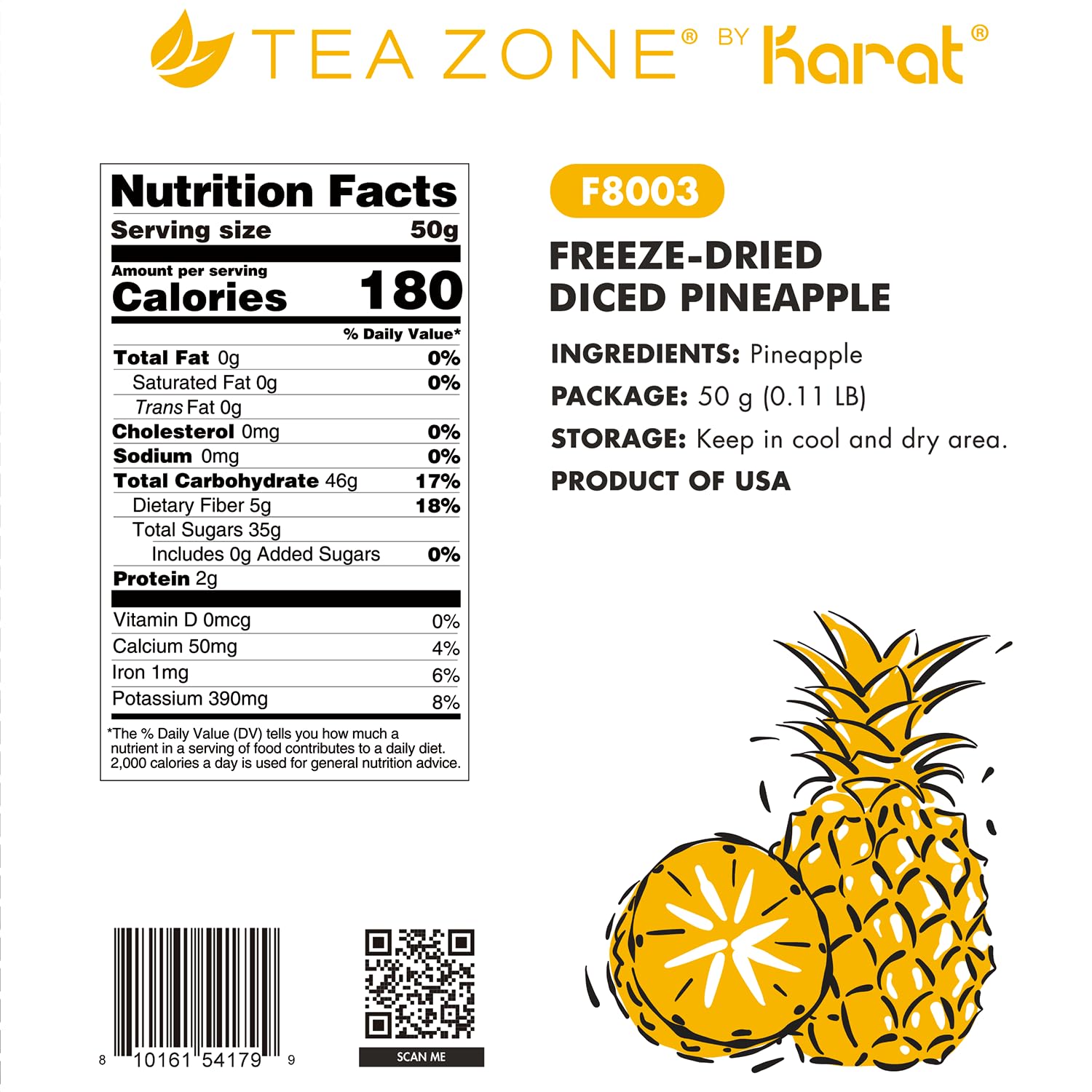 Tea Zone Freeze-Dried Pineapple Snack, 100% Pure Fruit, No Sugar Added, Vegan & Paleo Snack for Smoothie Bowls, Baking & Kids, Case of 12 Bags