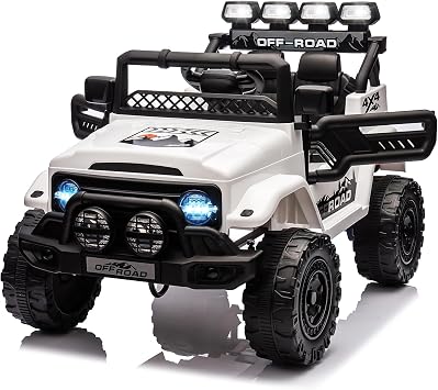 Jojoka Kids Ride On Truck Car 12V, Electric Vehicle with Remote Control, LED Lights, Spring Suspension, Music & Horn, 3 Speeds White