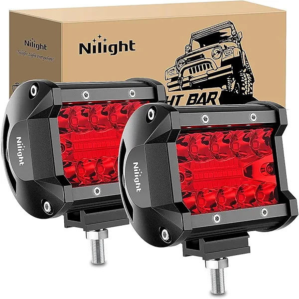 Nilight 4 inch LED Light Pod Red Triple Row 2PCS 60W Flood Spot Combo Driving Fog Lights Fishing Hunting Emergency Safety Signal Deck Trailer Lighting for UTV Pick-up Van Boat Tractor