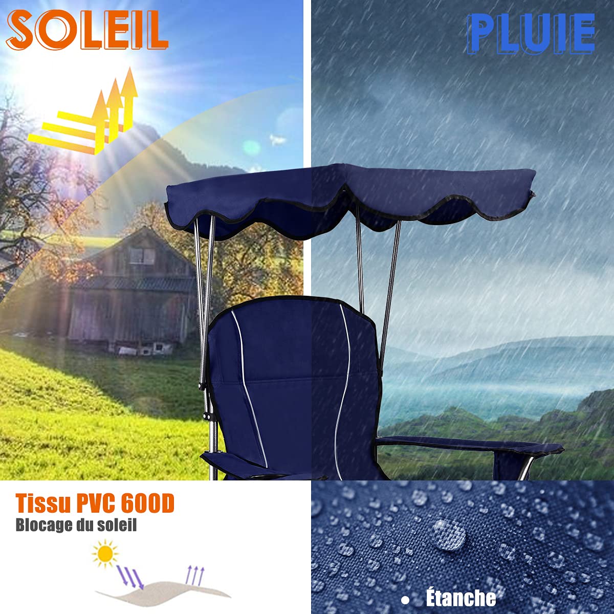 GOPLUS Chaise de Camping Pliante, Fauteuil Camping Extérieur avec Auvent, Porte-gobelets et Sac de Transport, Idéal pour Plage, Pêche, Barbecue, Pique-Nique, Charge 150 KG (Marin, 97x67x134cm)