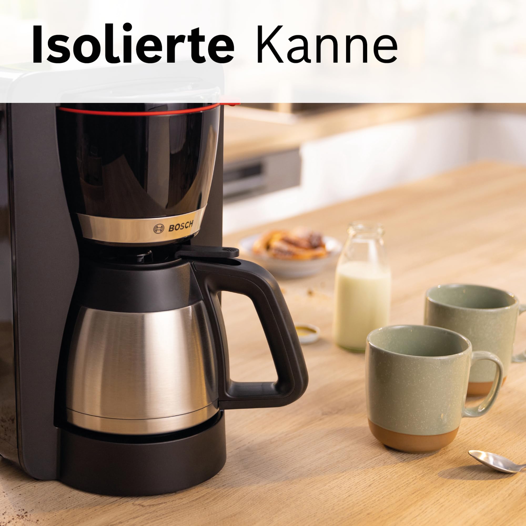 Bosch Filterkaffeemaschine MyMoment TKA6M273, Thermokanne 1 L, für 8-12 Tassen, Tropfstopp, schwenkbarer Filterträger, Entkalkungsprogramm, abnehmbarer Wassertank, 1200 Watt, Schwarz matt