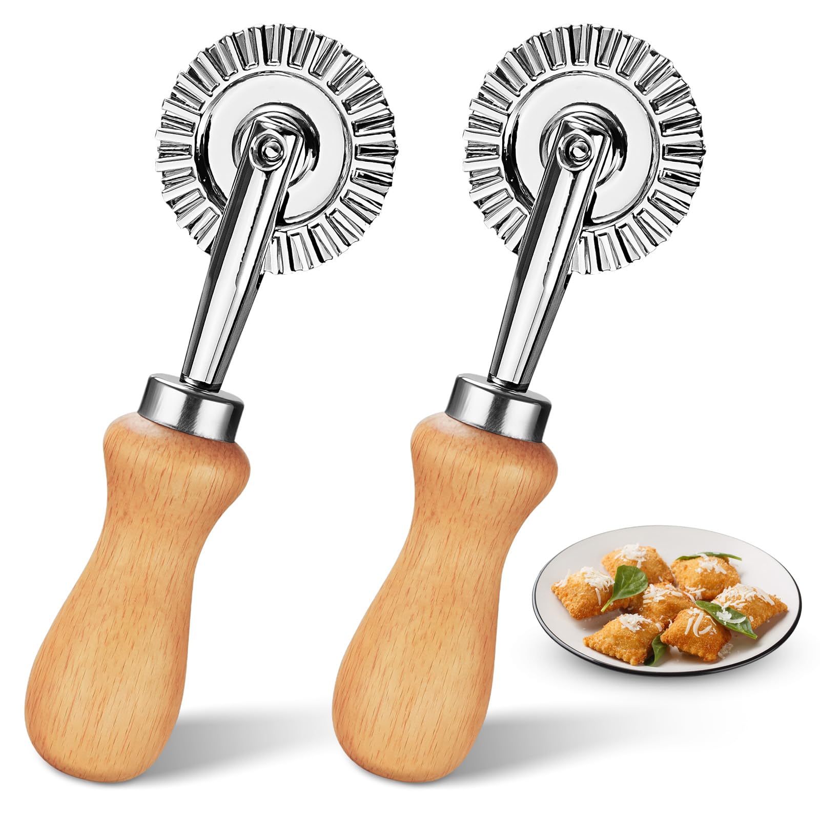 2Pcs Pasta Cutter Wheel Stainless Steel Fluted Pastry Ravioli Cutter Wheel with Wooden Handle Pastry Crimper for Home Kitchen
