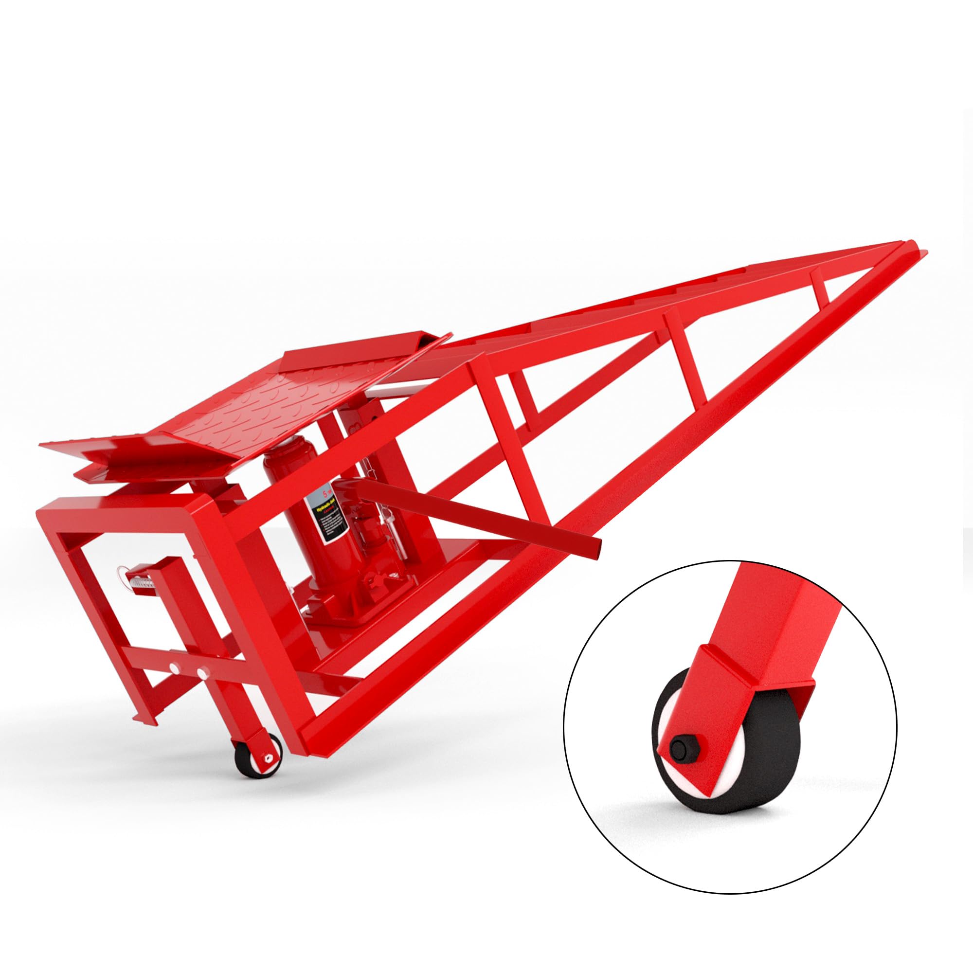 Hydraulischer Rangierwagenheber 5t mit Auffahrrampen Set – Schwerlast Hebebühne Auto für Ölwechsel, Hub 23-36 cm, fahrbare Rampe mit Sicherheitsverriegelung, Rot