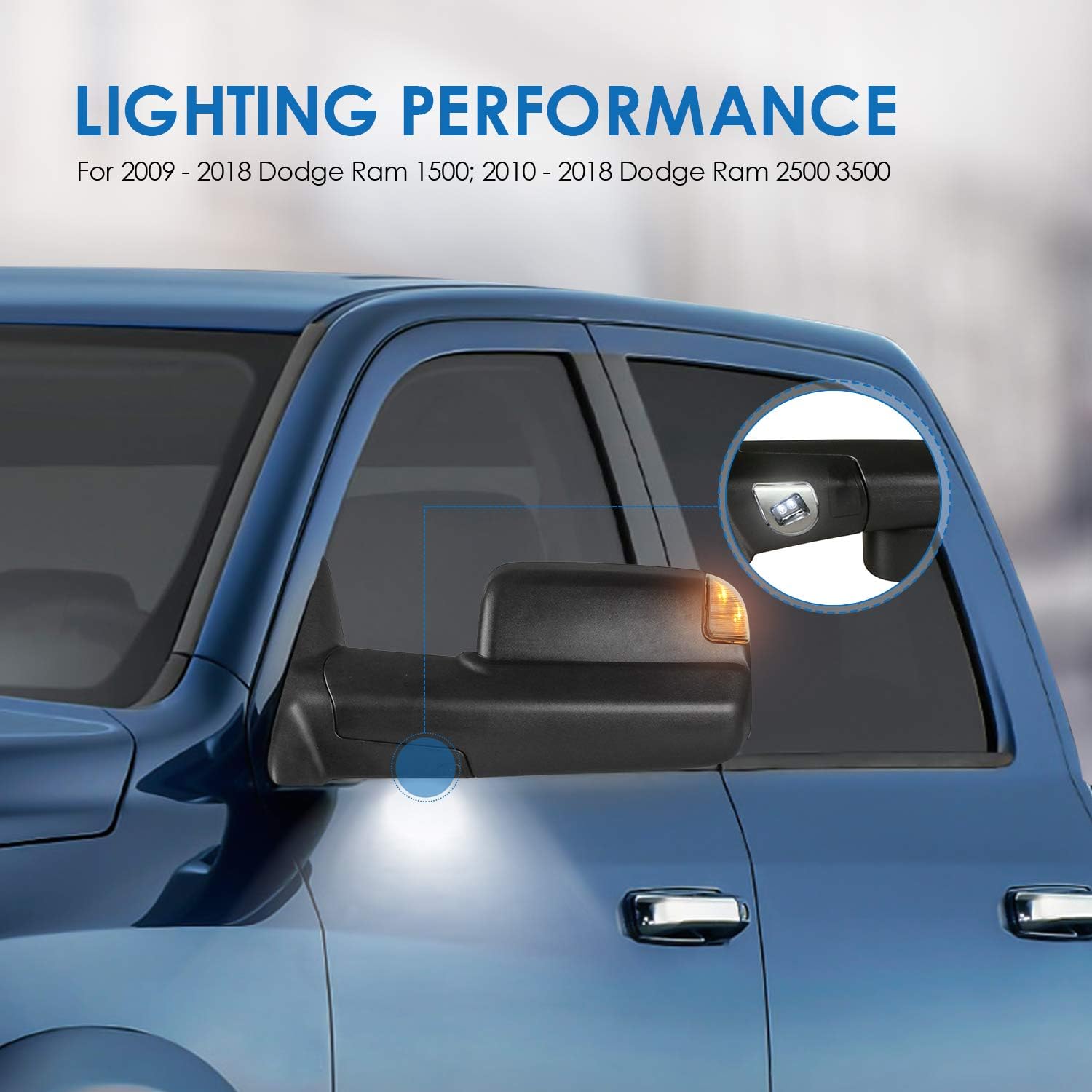 MOSTPLUS Left and Right Mirrors Compatible with 2009-2018 Dodge Ram 1500/2500/3500 w/Power Heated & Turn Light & Puddle Lights &Temp Sensor Black