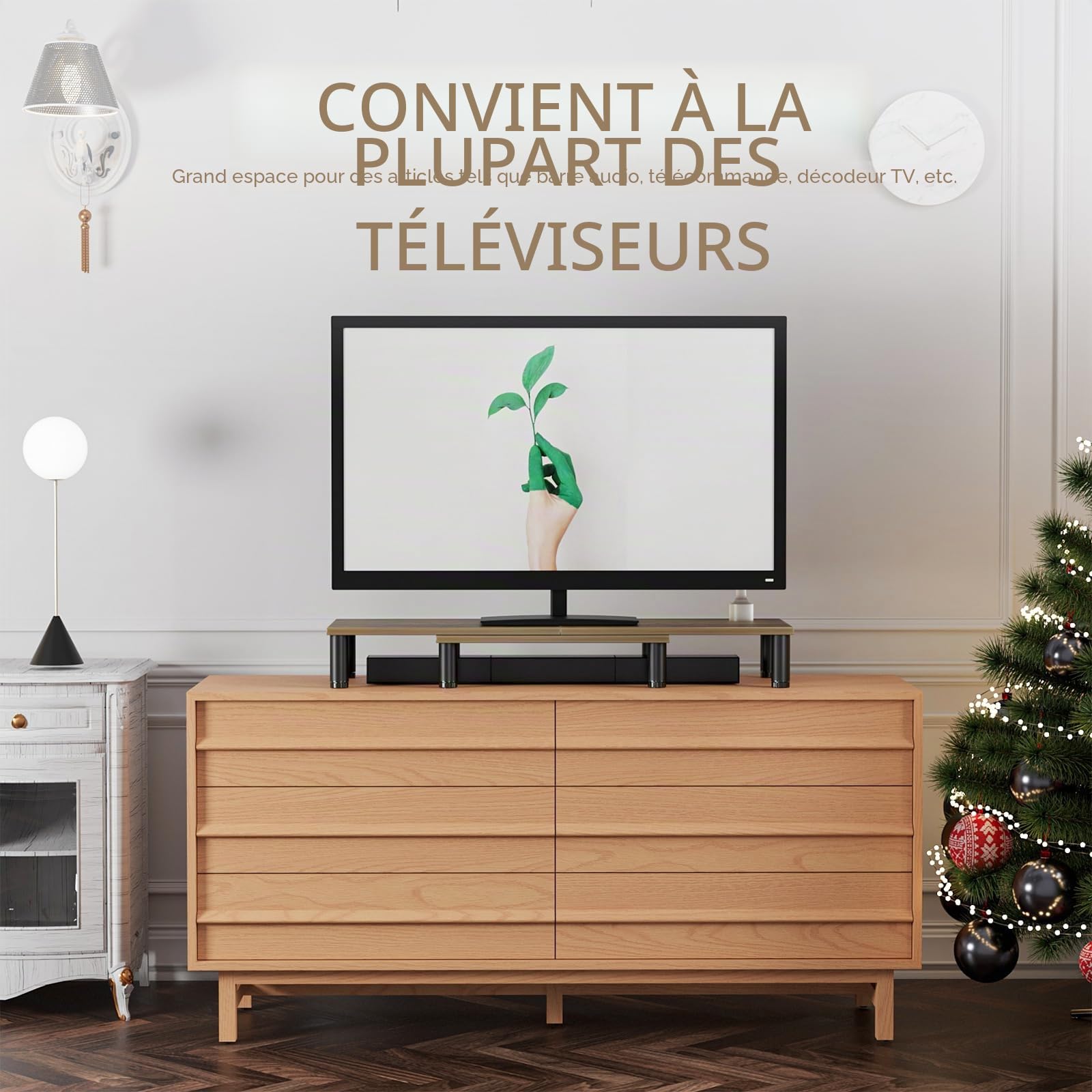 Support de moniteur double avec pieds en acier à hauteur réglable, support de moniteur en bois pour bureau, rehausseur de moniteur pour 2 moniteurs avec espace de rangement
