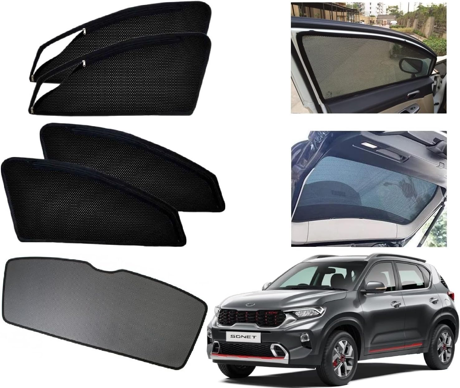 Auto Addict Zipper Magnetic Car Curtain Sunshades with Rear Window (Side Windows,Dicky Window,5 Pcs) for Kia Sonet