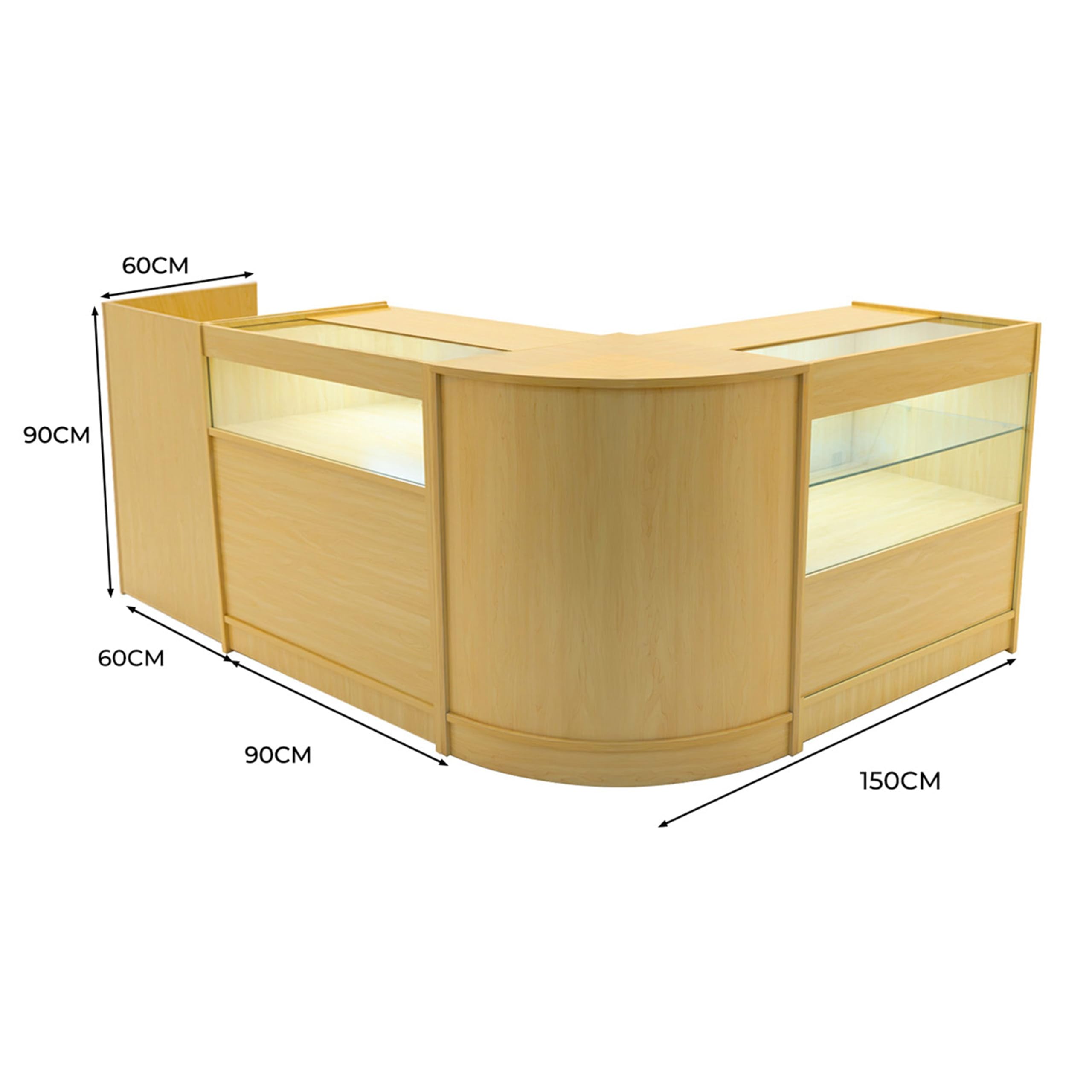 Ladentheken-Set Gravity ahorn LED – B900, C900, CM60, TB60 – Abschließbare Schiebetüren mit Schlüsseln – Kassenblock, Glasvitrine, Ecktheke, Beleuchtete Verkaufseinheiten, Verkaufstheke
