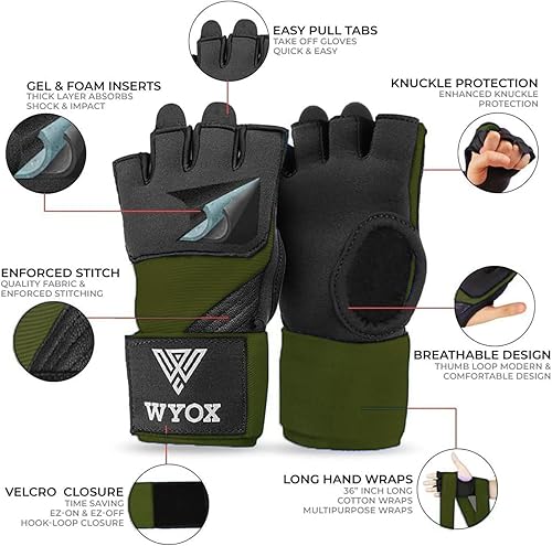 Miniatura 49 de WYOX Guantes interiores de boxeo de gel para hombres y mujeres, correas de muñeca rápidas de 31.5 in, protección acolchada para nudillos para Muay