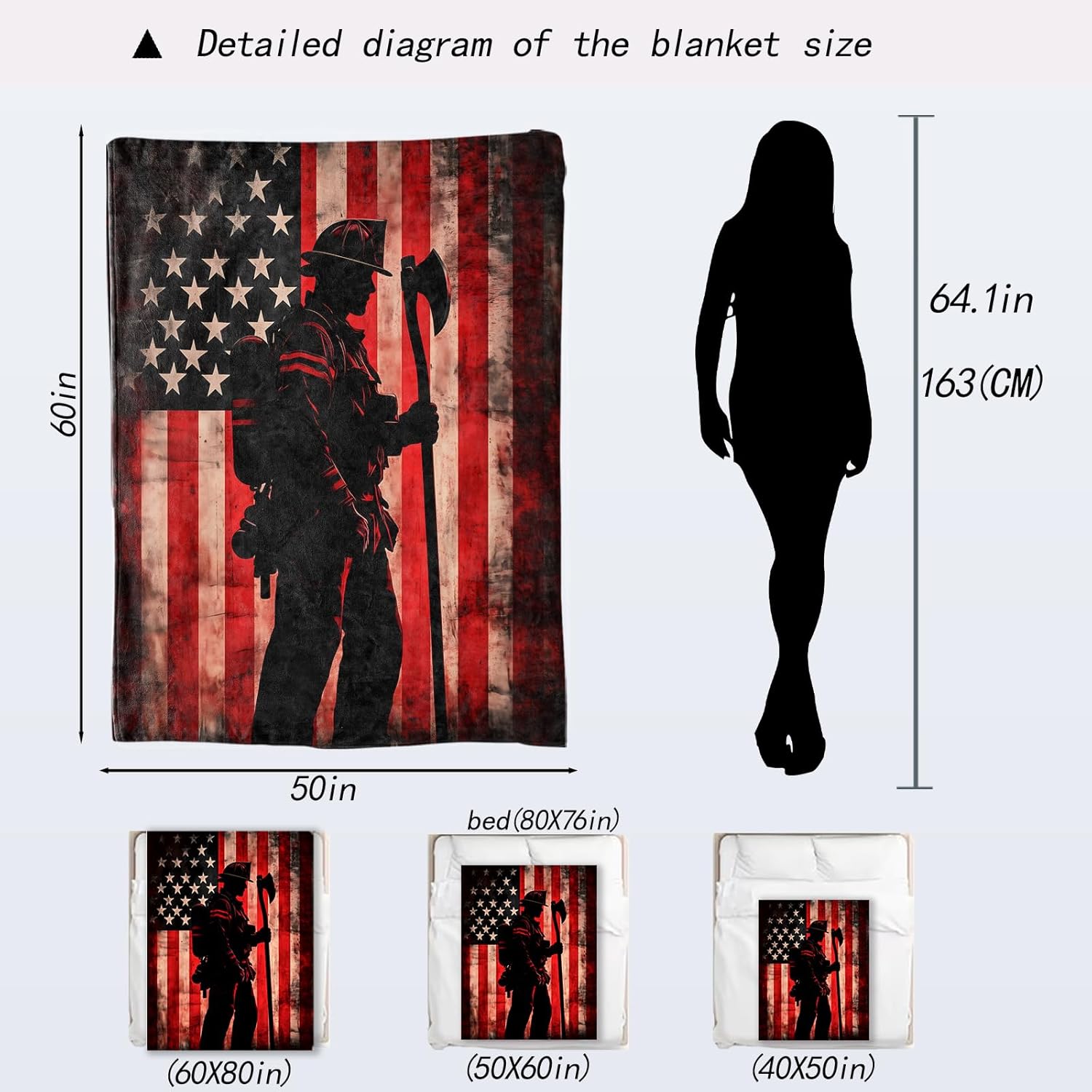 Patriotic Firefighter Blanket - American Flag and Heroic Silhouette Fleece Throw,Gifts for Adult, Soft & Warm,Lightweight, for Modern Decor, Honoring First Responders,Room Home Accents 50x60in - Image 2