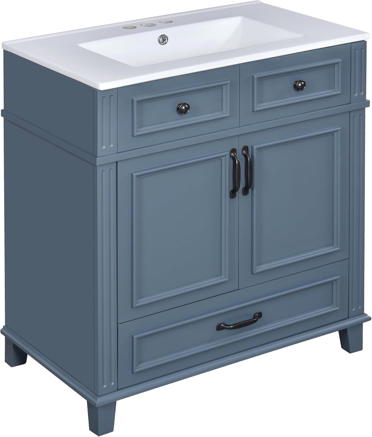 Bathroom Vanity with Ceramic Sink, 30'' Retro Storage Cabinet with Soft Closing Doors and Drawer, Elegant Wooden Freestanding Organizer with Metal Handles and Solid Wood Feet, Easy Assembly, Blue