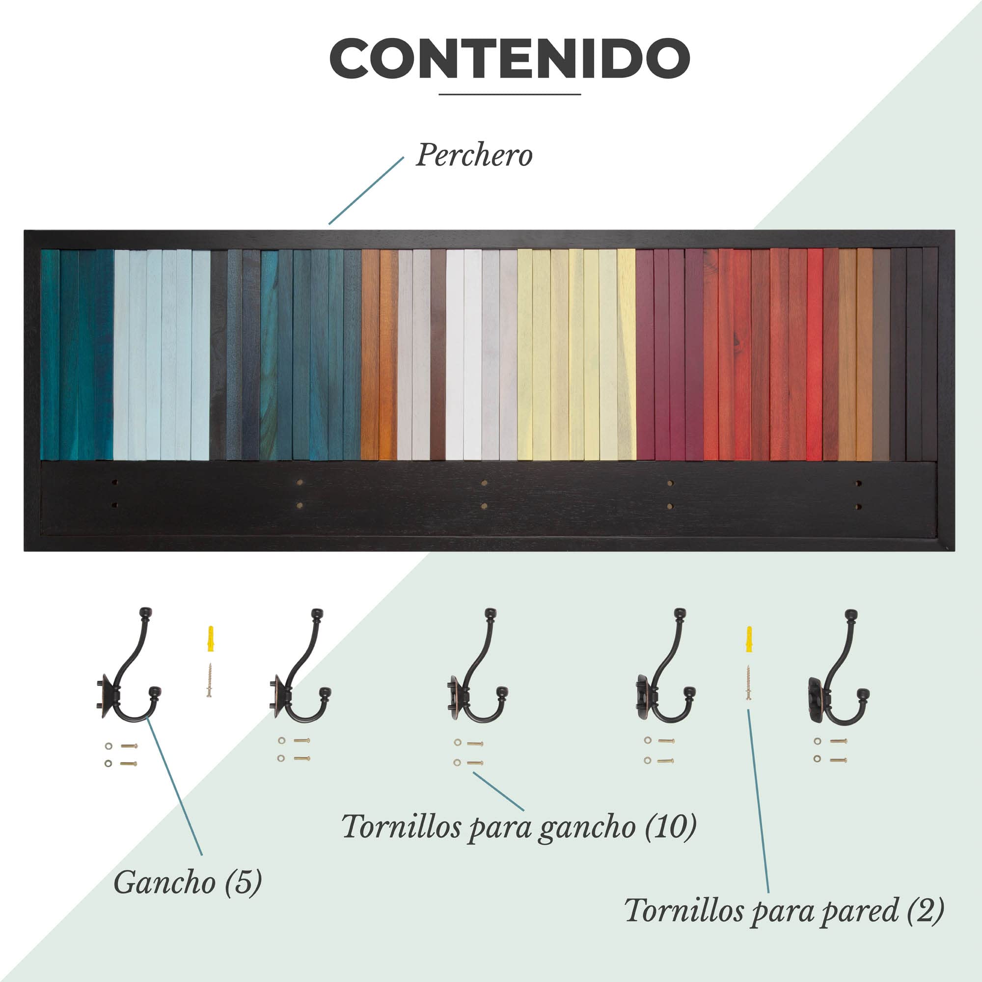 Perchero de Pared de Madera Natural Acacia, Perchero de 100x35cm con 5 Ganchos, Perchero de Madera Maciza para recibidor de Entrada.