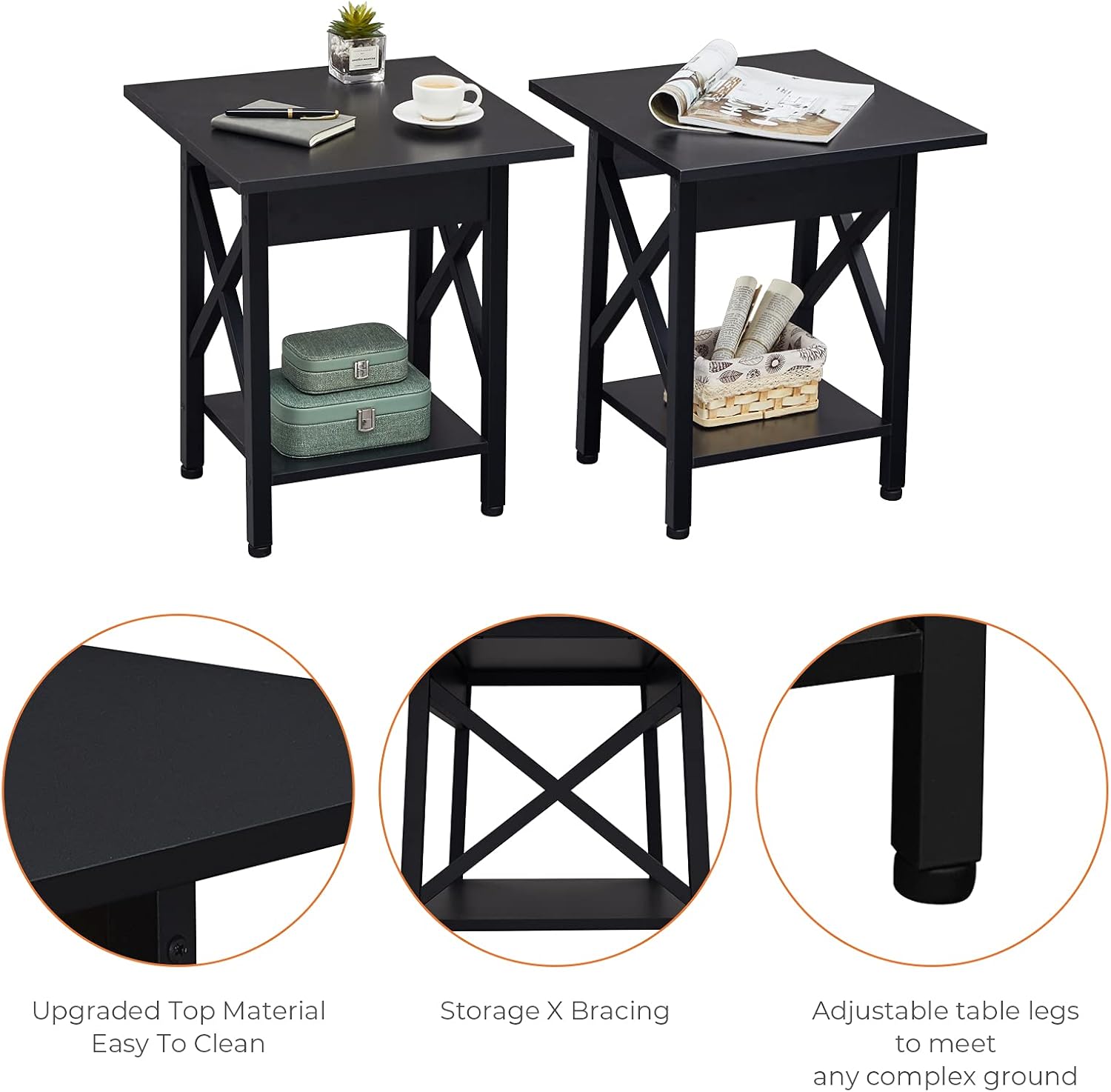 GreenForest End Tables Set of 2 Industrial Side Table with Storage Shelf for Living Room Bedroom, Stable Metal Frame, Easy Assembly, Black : Home & Kitchen