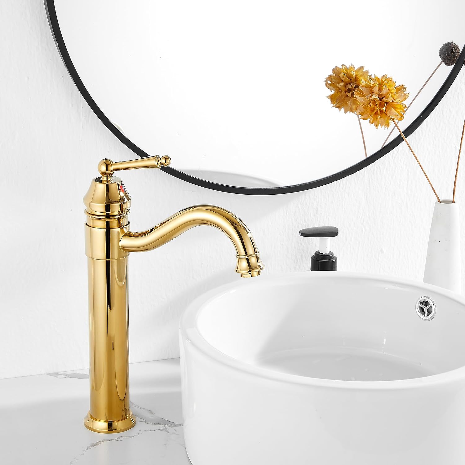 Tall Body Single Handle One Hole Bathroom Vessel Sink Faucets Gold Finish with Pop Up Drian Without Overflow