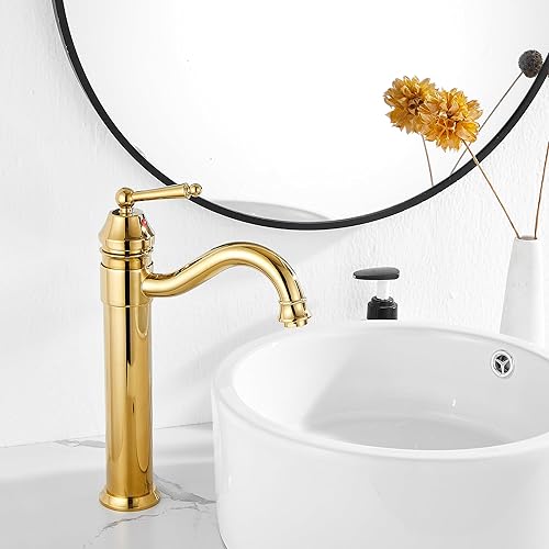 Miniatura 6 de GGStudy Grifos de lavabo de baño de un solo agujero de cuerpo alto, acabado dorado con secador desplegable sin desbordamiento