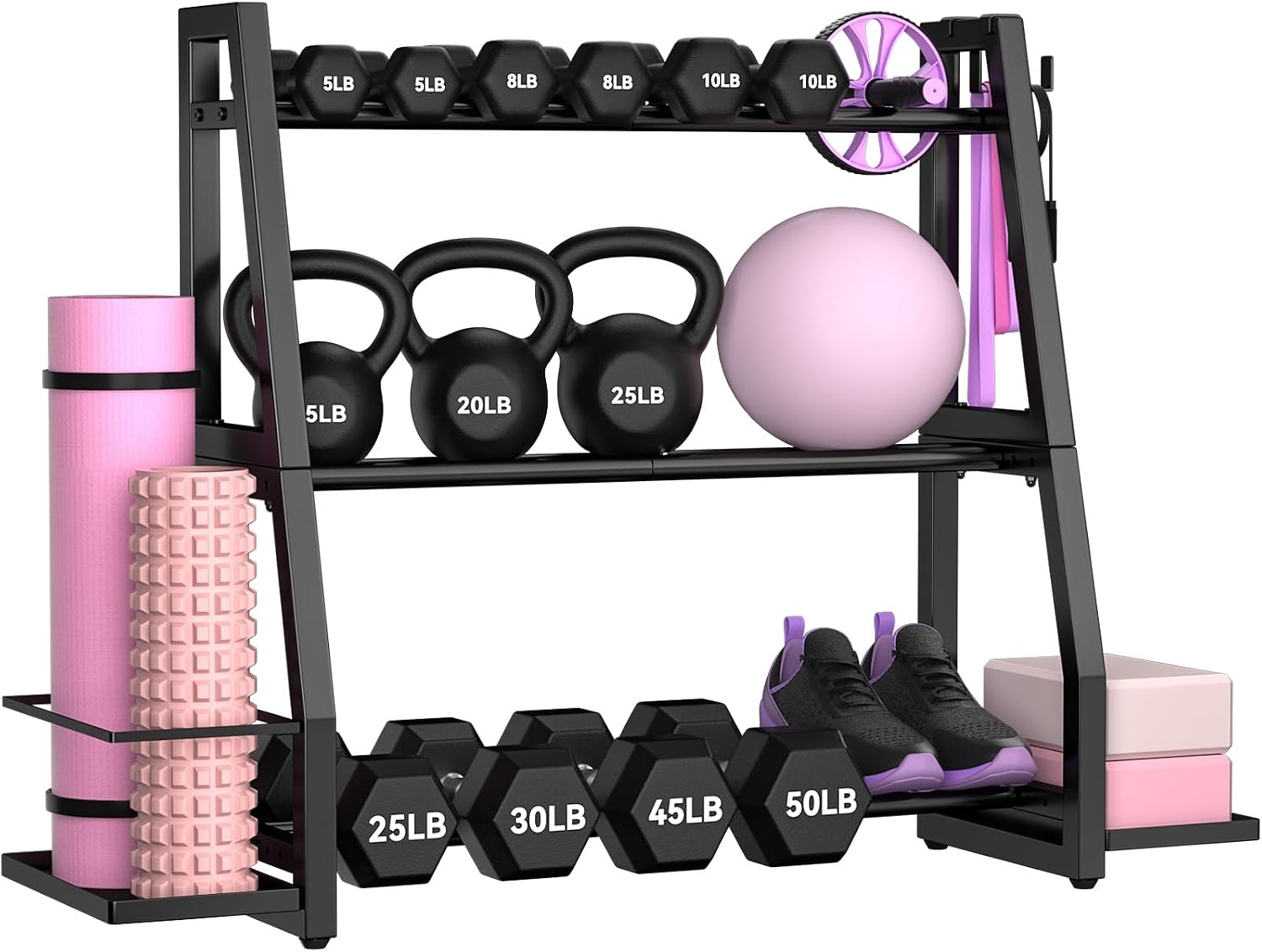 Weight Rack for Home Gym, Dumbbell & Kettlebell Rack | with Side Storage, 600LB Heavy Duty,3 Tier Workout Storage for Dumbbell,Kettlebell,Yoga Mats,Small Fitness Essentials