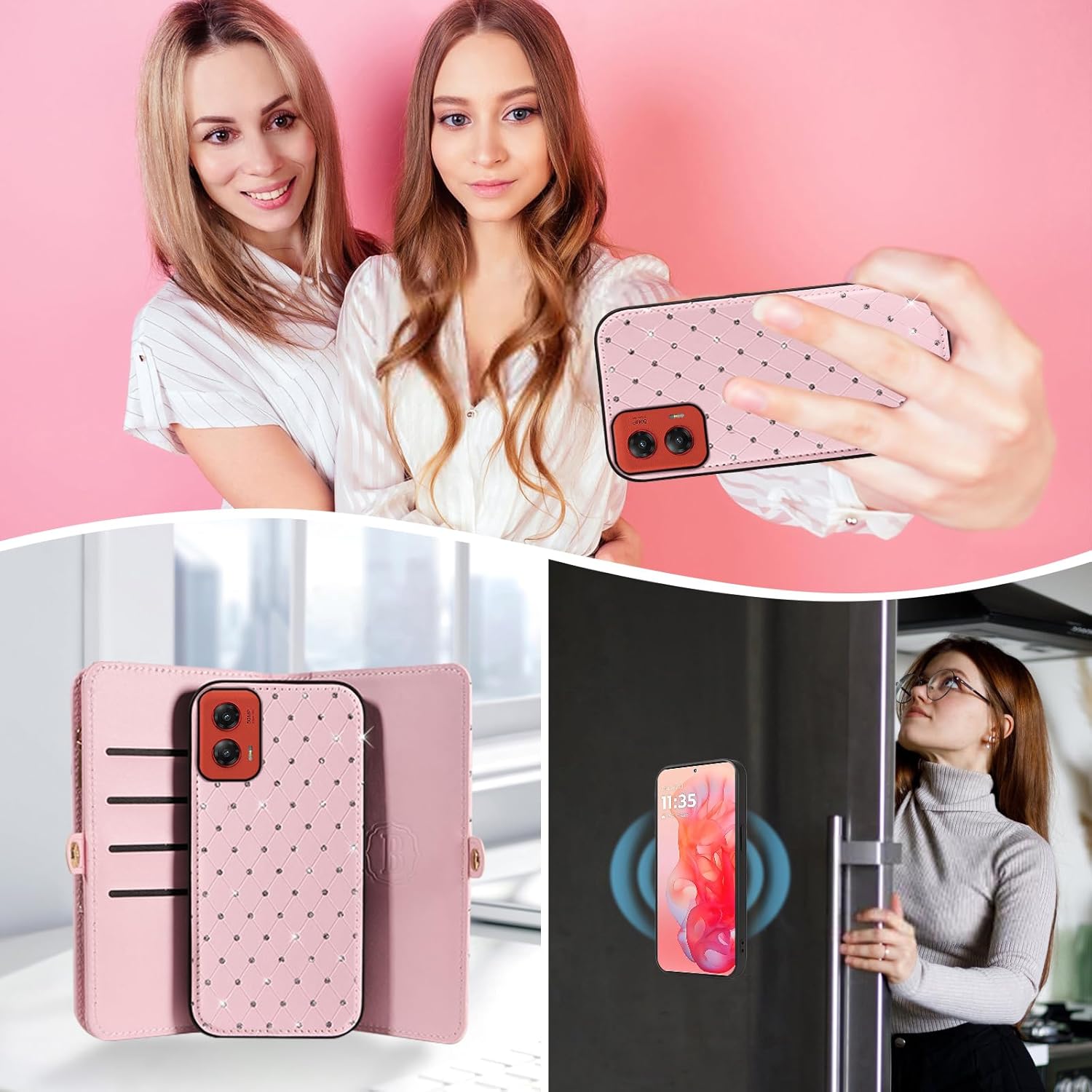 Asuwish Phone Case for Motorola Moto G Stylus 5G 2024 Zipper Wallet Detachable Cell Cover with Tempered Glass Screen Protector Crossbody Lanyard Strap Glitter Flip Card Holder Slot G5 Women Girls Pink