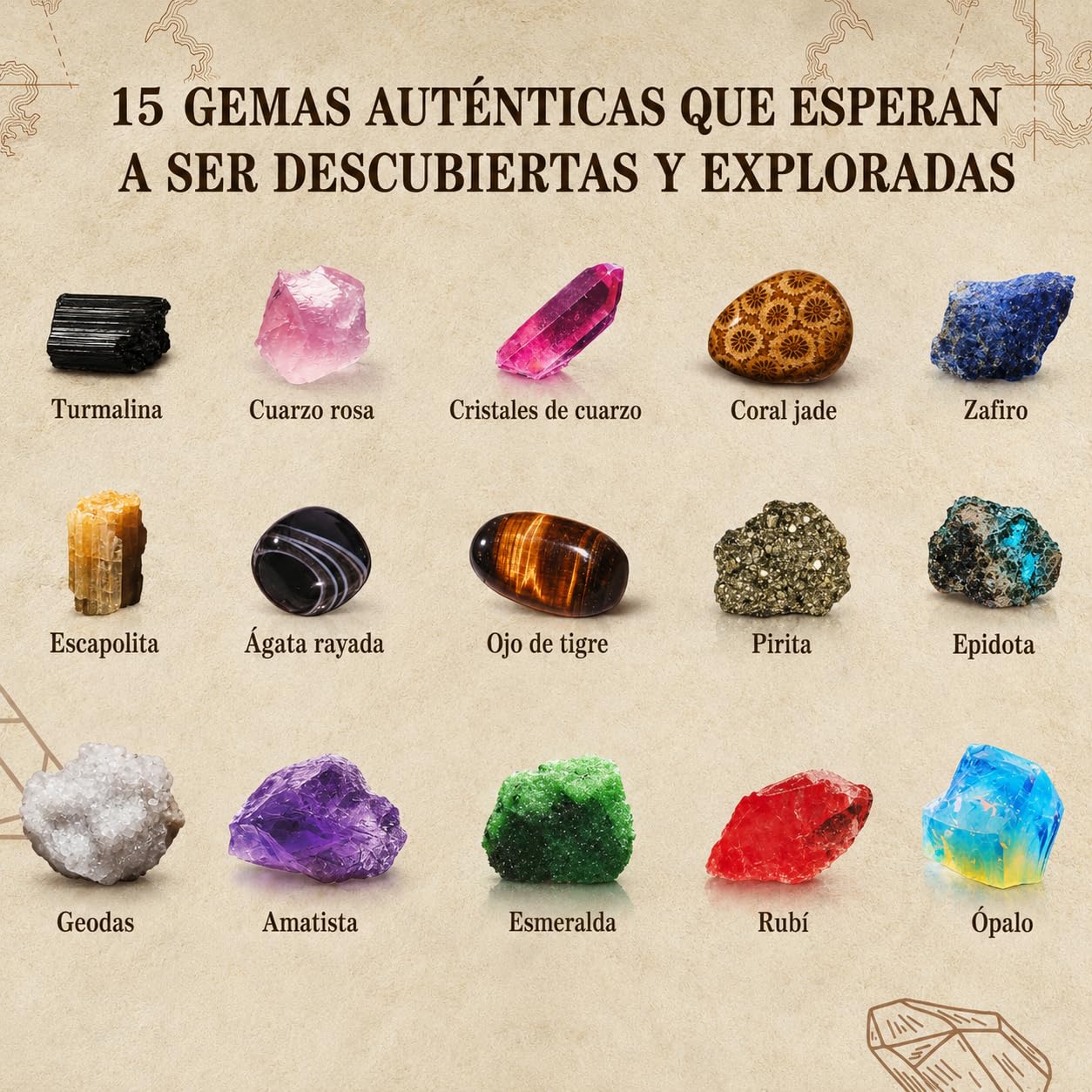 Mi Primer Kit de Excavación de Gemas para Niños, Minerales para Niños, 15 Minerales y Piedras Preciosas, Exploración Minerales Regalo para Niños Niñas 6-12 Años
