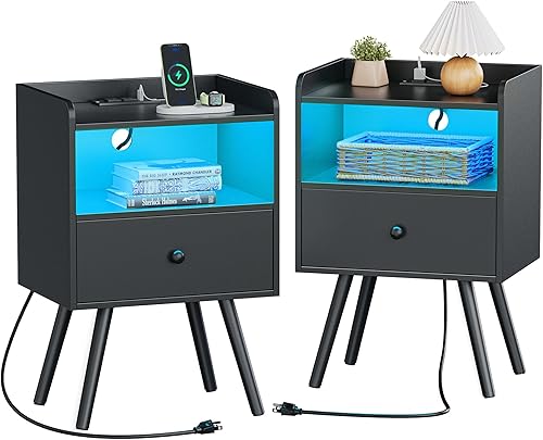 Mesita de noche con estación de carga y luces LED, juego de 2 mesas auxiliares de cama, mesas auxiliares con cajón, mesa auxiliar con patas de