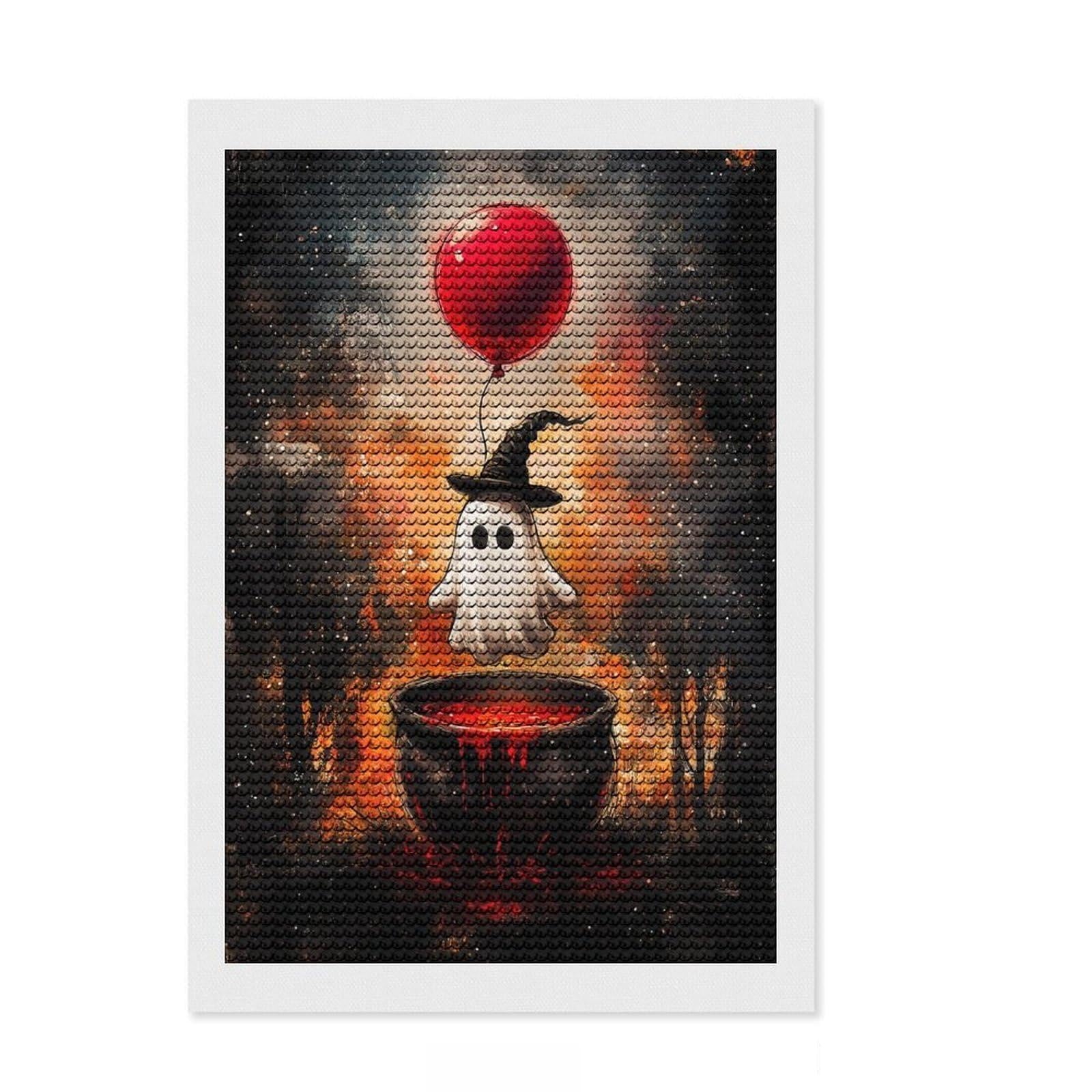 Junmoney Ghost with Balloon and Cauldron Diamond Art Canvas 8"x12", Birthday Gift, for Family Craft Time, with Tool Kit, Cosy Home Accent, Full Kit Included