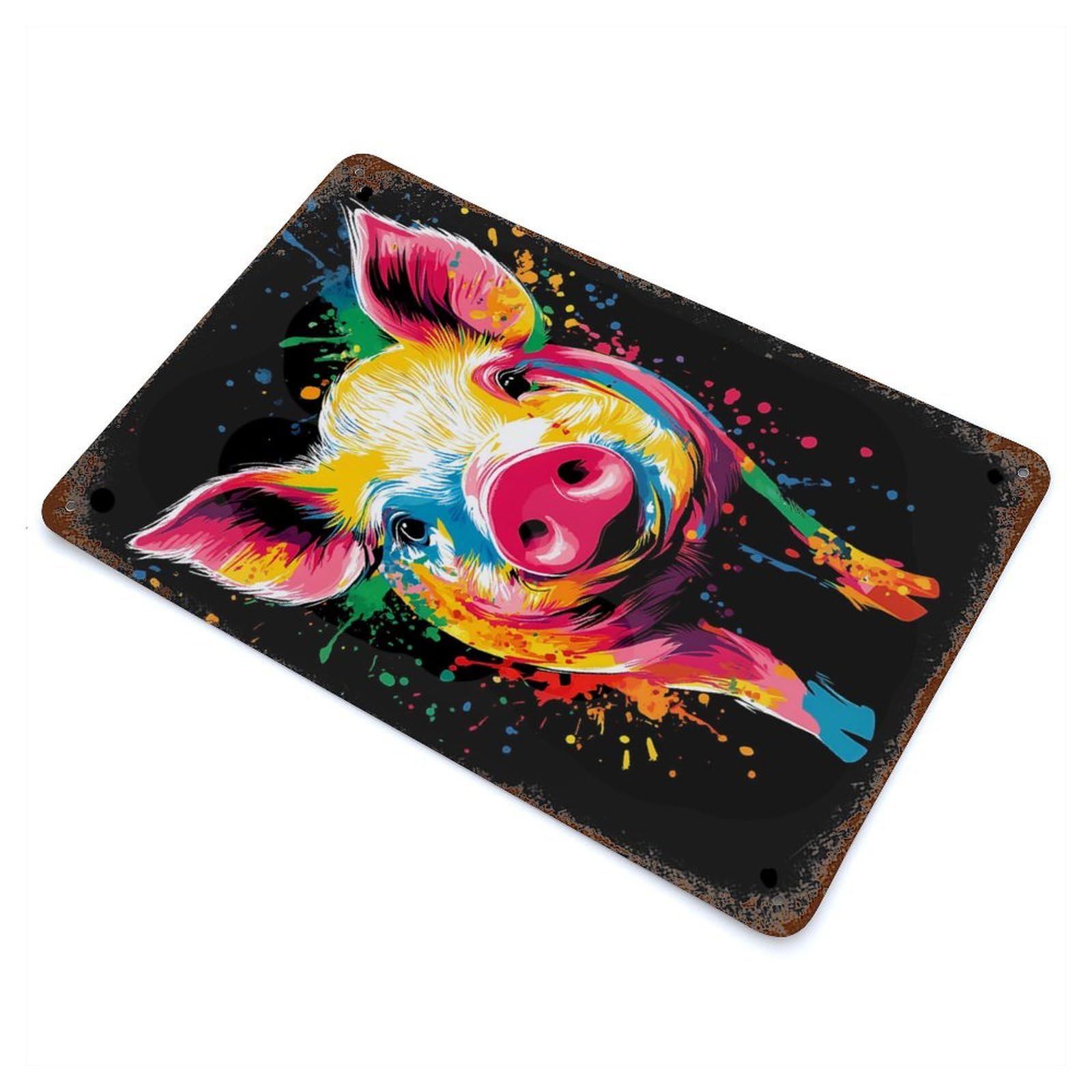 Colorful Pig Portrait Vintage Rust Metal Sign 11.8"x7.9", for Basement, Hobby Room And Garage Decor, Farmhouse Wall Decor