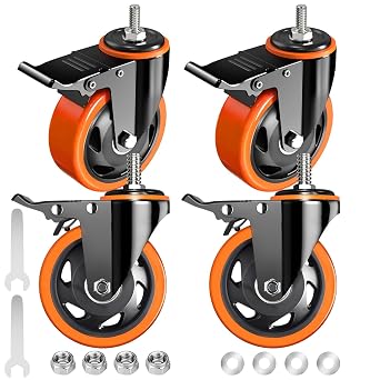 Stem Caster Wheels 4 inch Locking Threaded Stem Casters Set of 4 Heavy Duty, 1/2"-13 x 1Stem Diameter 1/2",Stem Length 1", No Noise Swivel Casters Industrial Castor Wheels for Cart, Furniture