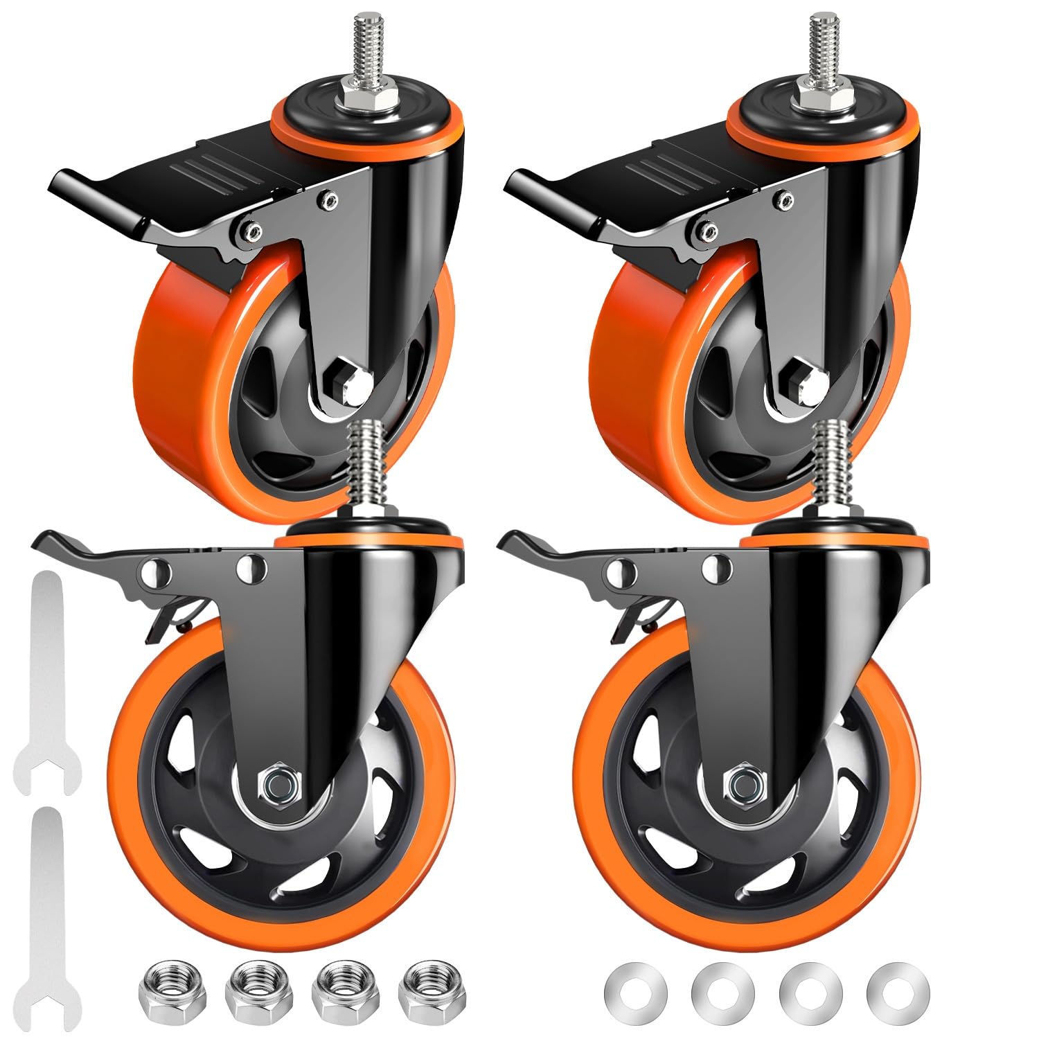 Stem Caster Wheels 4 inch Locking Threaded Stem Casters Set of 4 Heavy Duty, 1/2"-13 x 1"(Stem Diameter 1/2",Stem Length 1"), No Noise Swivel Casters Industrial Castor Wheels for Cart, Furniture