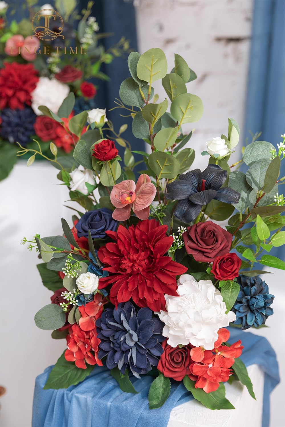 TINGE TIME Free-Standing Artificial Flower, Set of 2, Table Centerpiece with Rubber Pad, Silk Fake Flower for Wedding Centerpiece Archway Aisle Welcome Entrance (Red&NavyBlue)