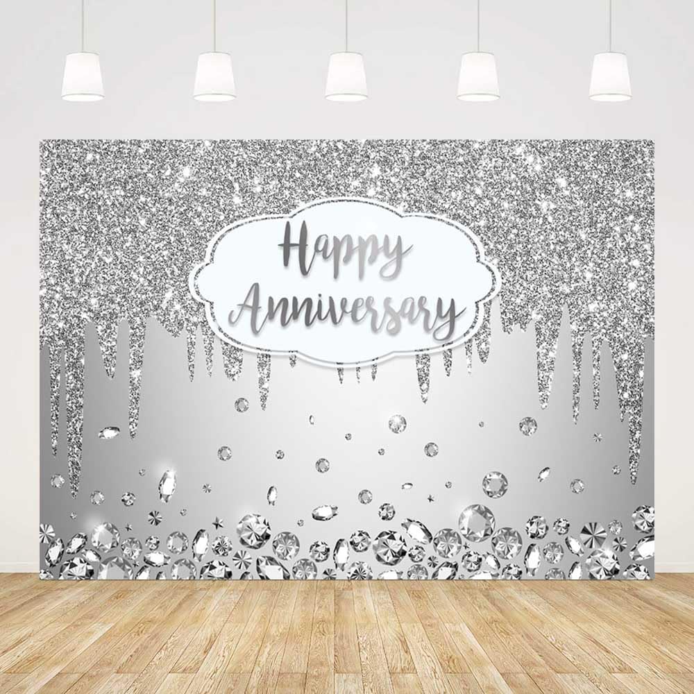 AIBIIN 7x5ft Happy Anniversary Backdrop Silver Dripping Glitter Crystals Photography Background Cheers to Wedding Anniversary Party Decorations Banner