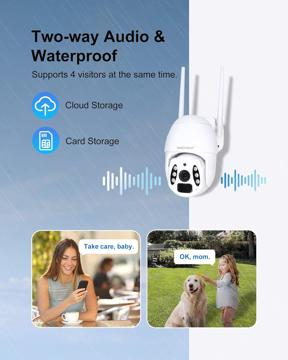 双方向オーディオと防水、クラウドストレージとカードストレージのオプションを表示、例amp双方向コミュニケーションの欠点。