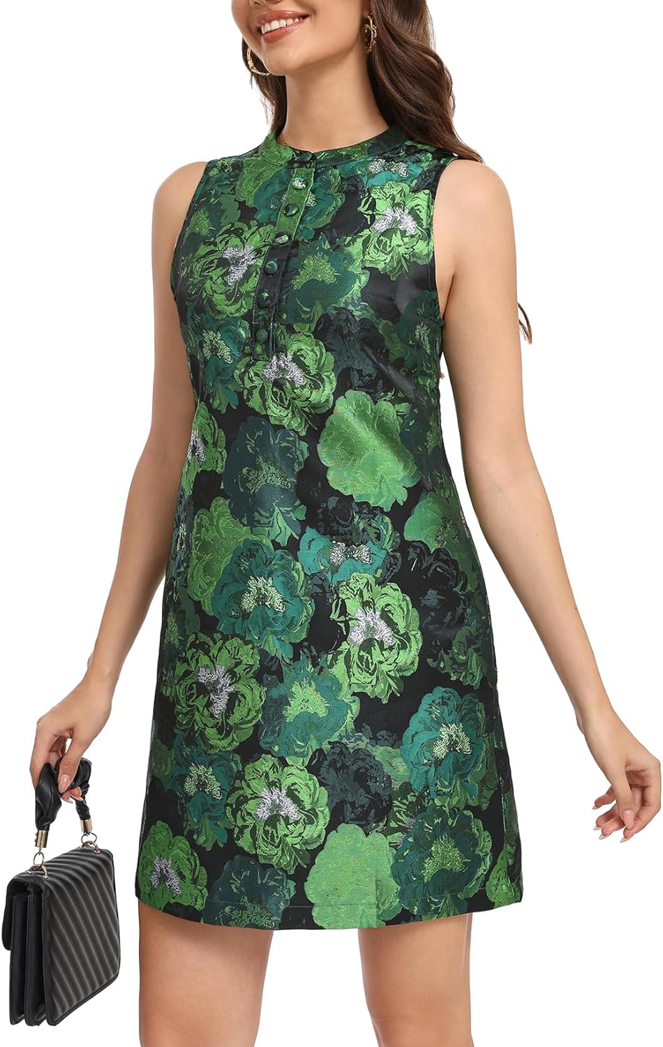 Ladyful Sleeveless Dress for Women Floral Jacquard Shift Dress Elegant Button Up Crewneck Tank Summer Mini Dresses - Image 4