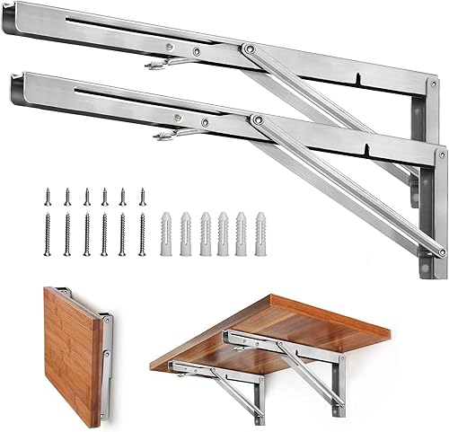 Miniatura 24 de Storystore Soportes plegables para estantes, soporte plegable de acero inoxidable resistente de 10 pulgadas para mesa de banco, soporte de bricolaje