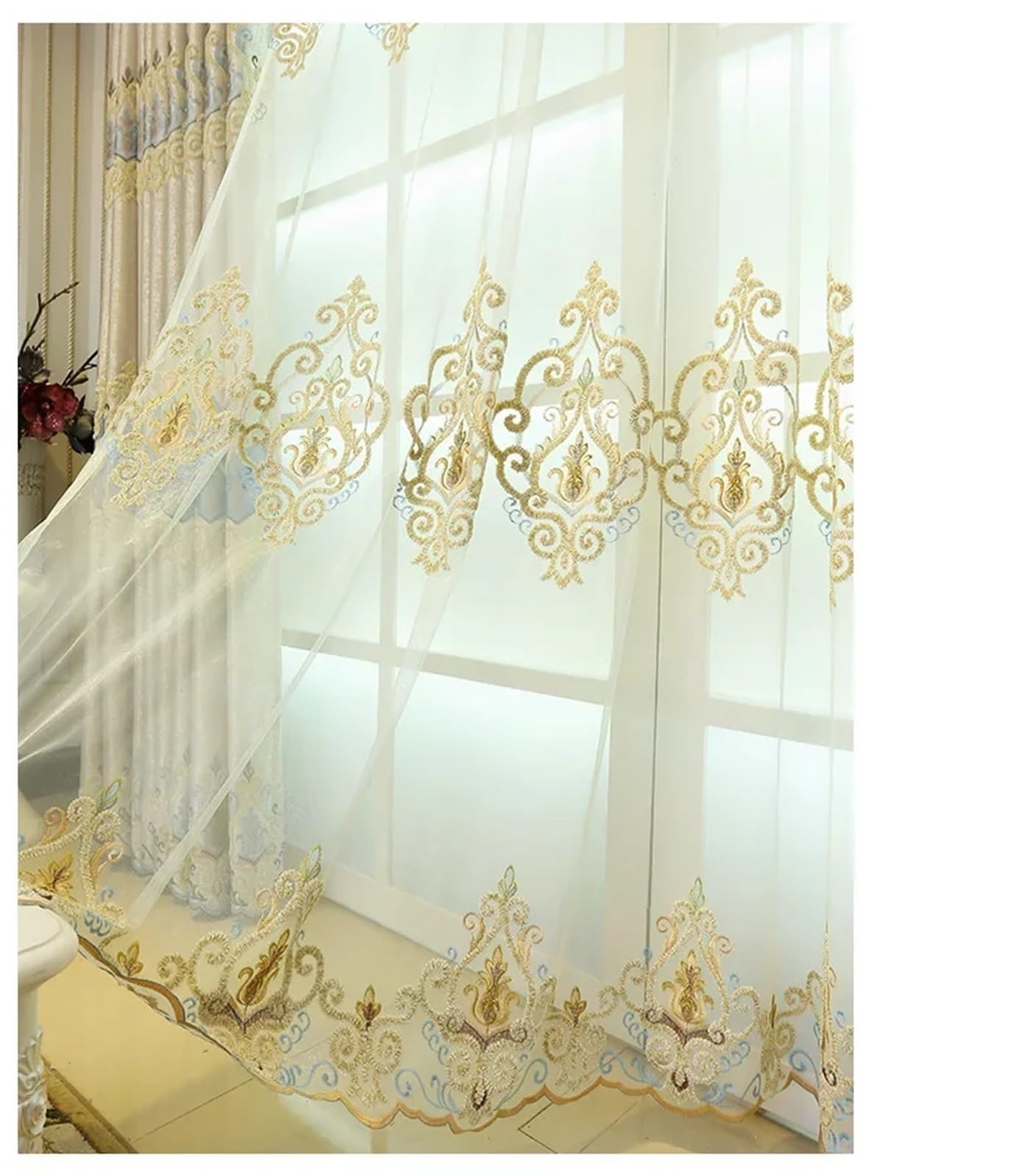 Rideaux de salon occultants brodés en fil jacquard gris avec tulle de fenêtre 300x250