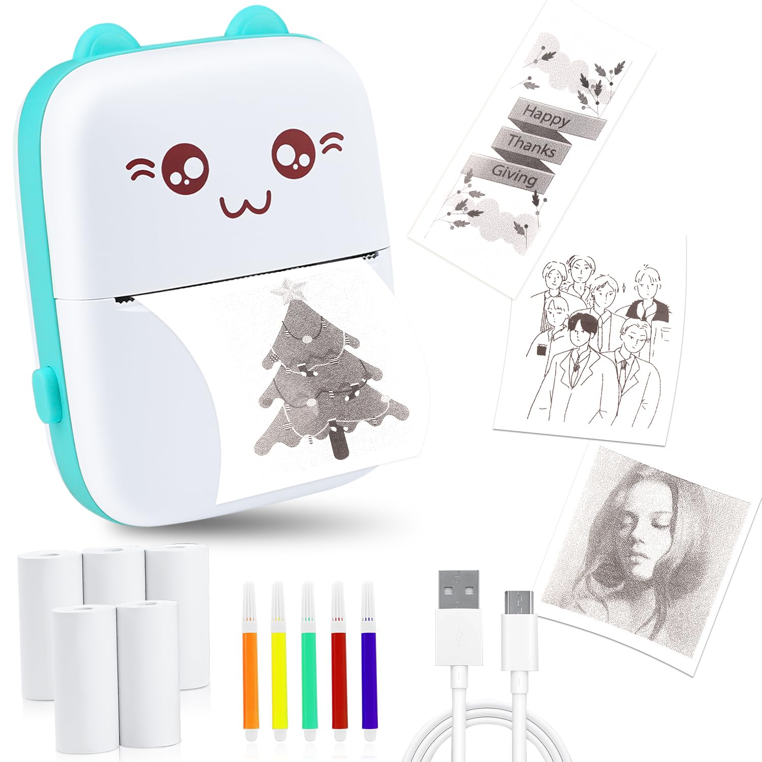 Bunnyboo Mini Thermal Printer, Bluetooth Labler Maker, Portable Label Printer, Mini Printer Compatible with Android and ios, Printable Photos, Lists, QR Codes, Notes (Blue)