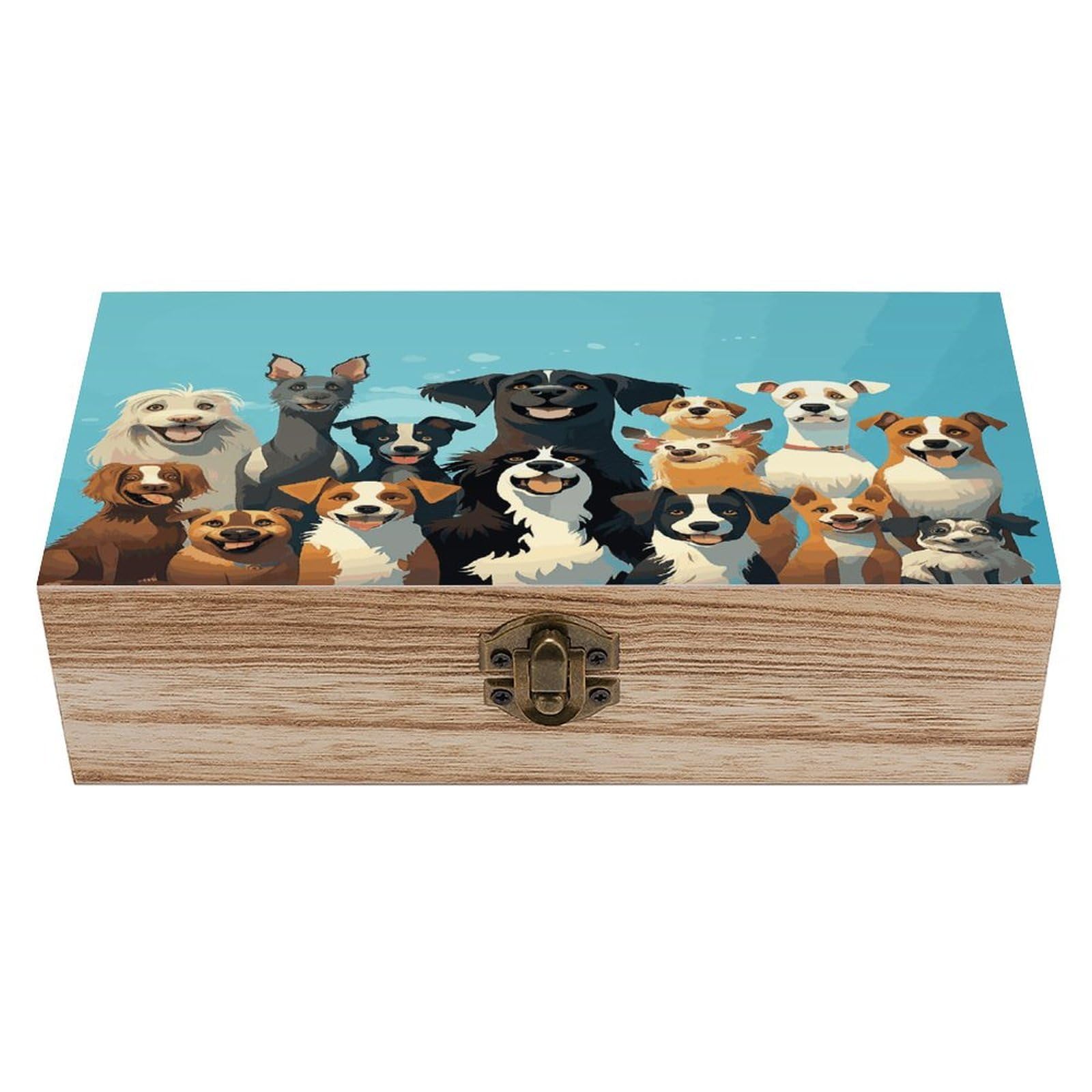 Btcowzrv Style A Large Group Of Dogs On A Blue Background Wooden Storage Box, Keepsake Box With Hinged And Retro Lock, Wood Jewelry Organizer For Photos & Mementos And Home Decor