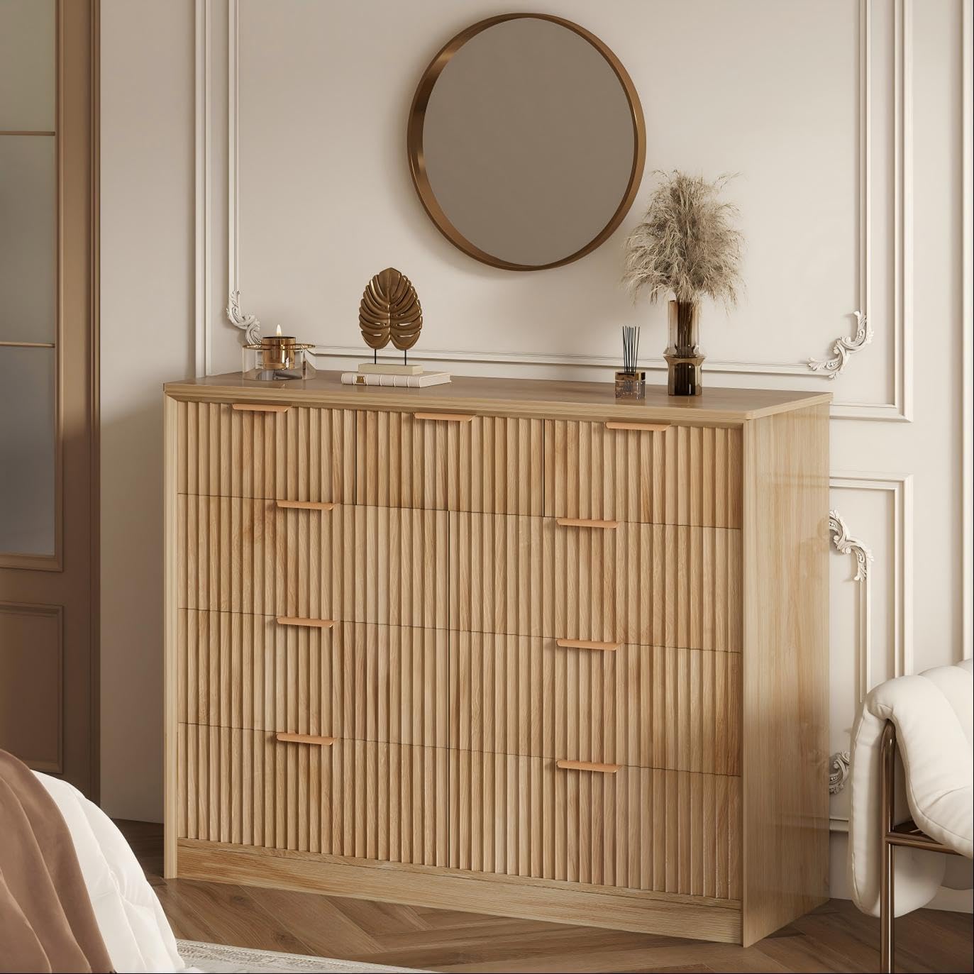 LYNCOHOME Tall Fluted Dresser for Bedroom, 9 Drawer Dressers Chest of Drawers, Multifunctional TV Stand & Storage Organizer for Nursery, Living Room, Hallway,Natural