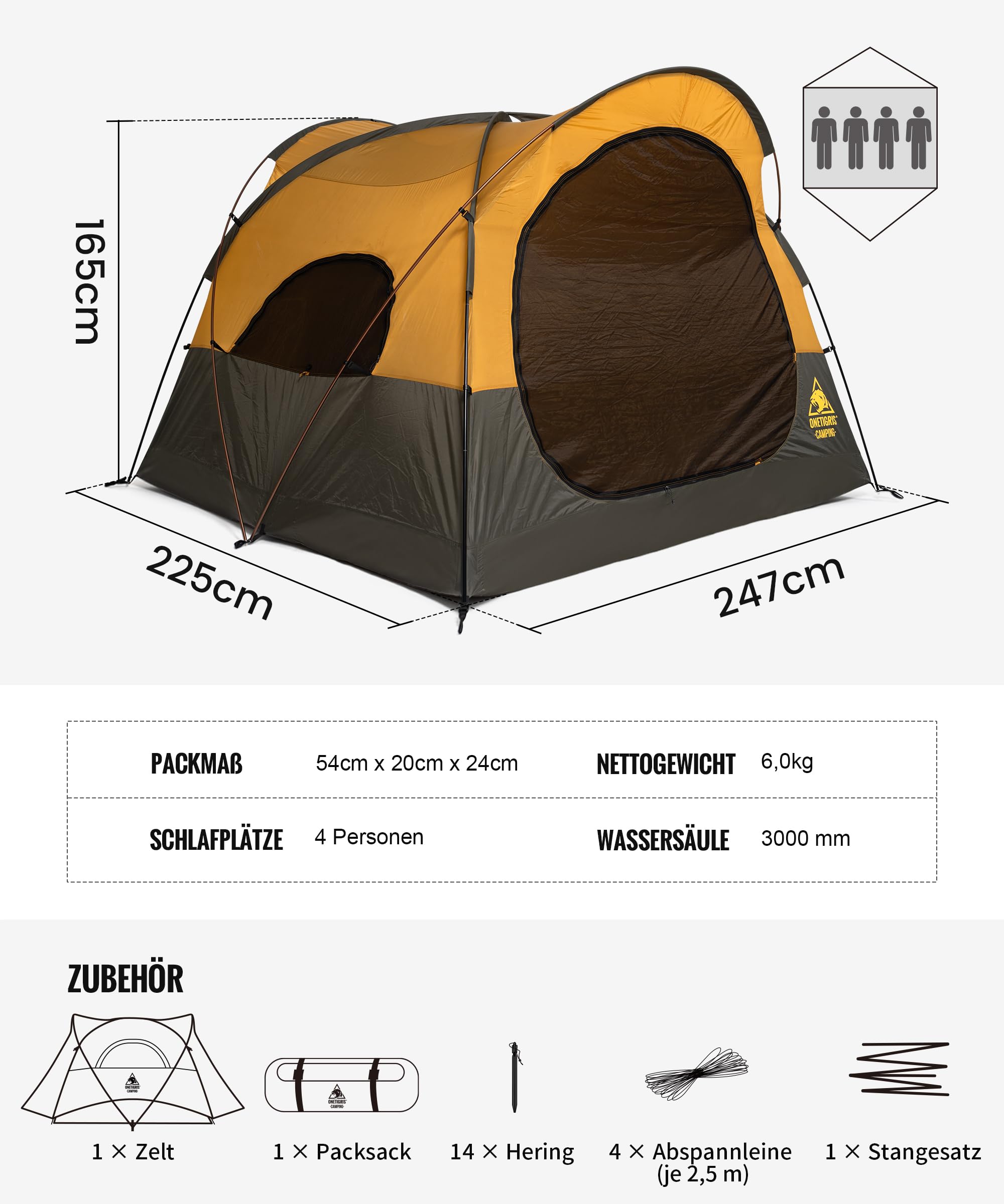 OneTigris Bastion - Tenda da campeggio per 2-4 persone, impermeabile